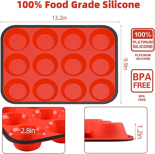 Miniatura 5 de CAKETIME Molde de silicona para magdalenas, 12 tazas de silicona para magdalenas, marco reforzado de metal, para hornear, huevos, muffins, desayuno,