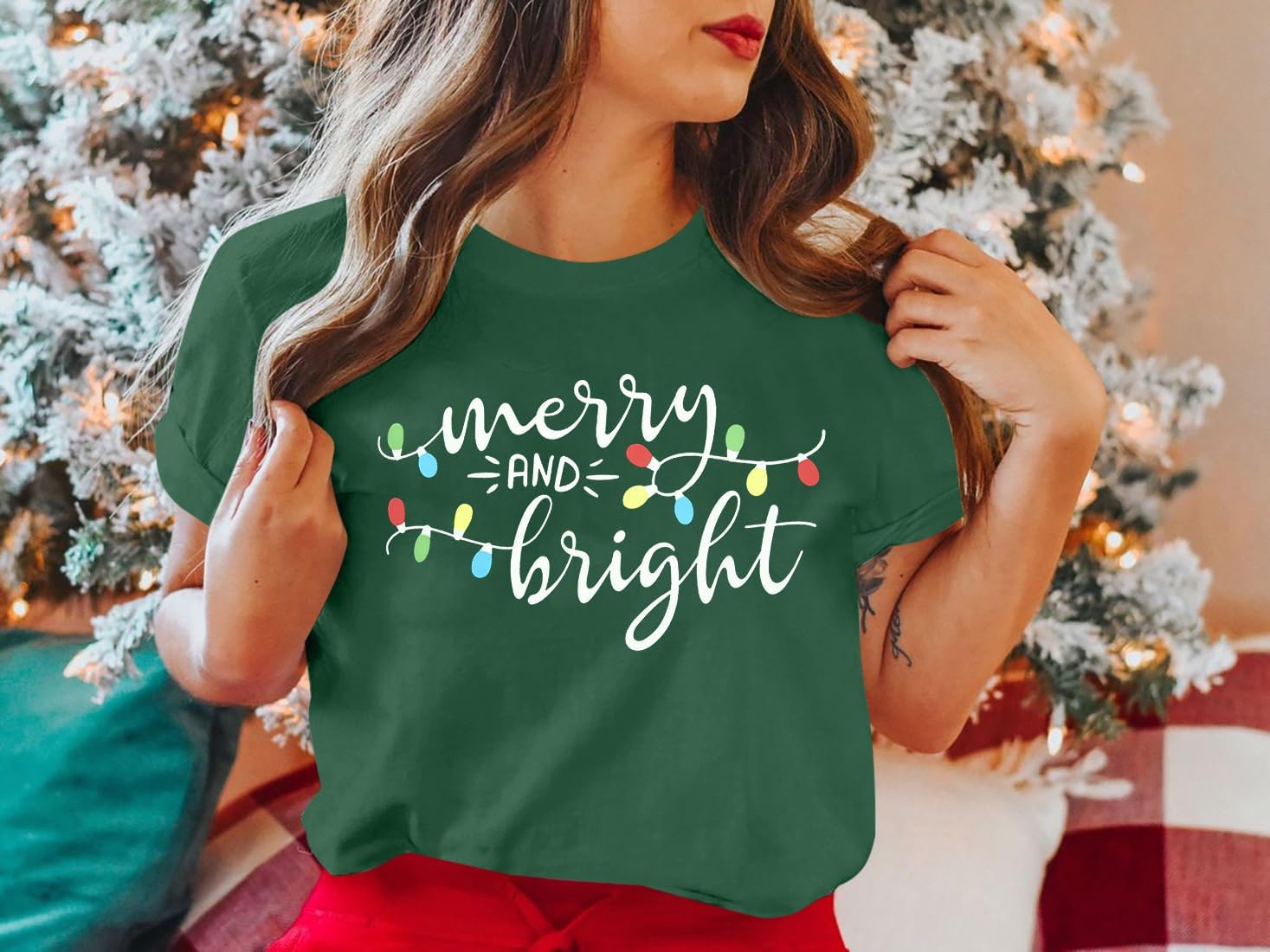 Christmas Shirt Merry and Bright Christmas Lights T-Shirts Women Xmas Lights Graphic Shirts Merry Christmas Holiday Top - Image 2