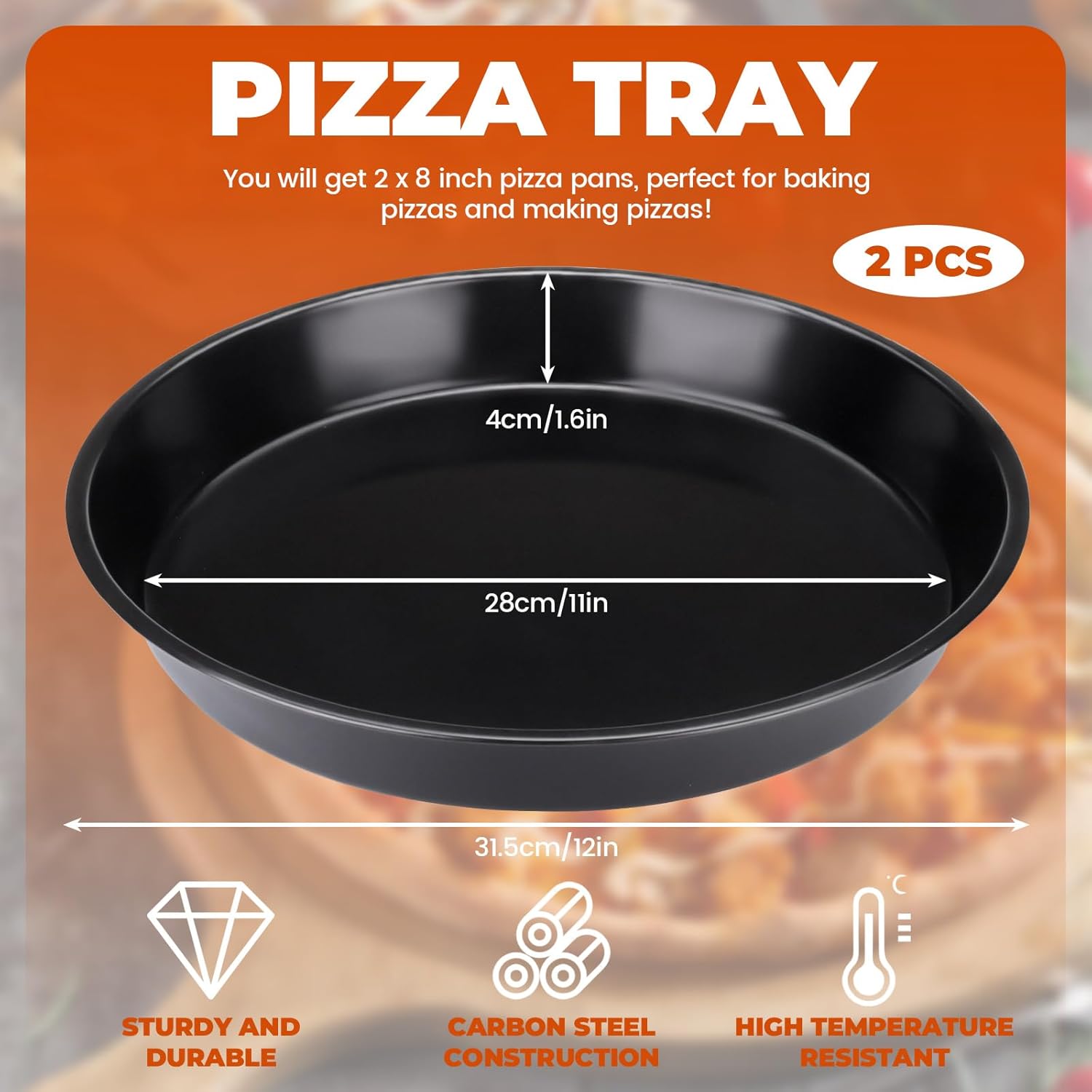 Diakey 2 Pack Pizza Pan for Oven, Deep Dish Pizza Tray, Non-Stick Carbon Steel, Round Baking Sheet Plates, 12 Inch - Image 2