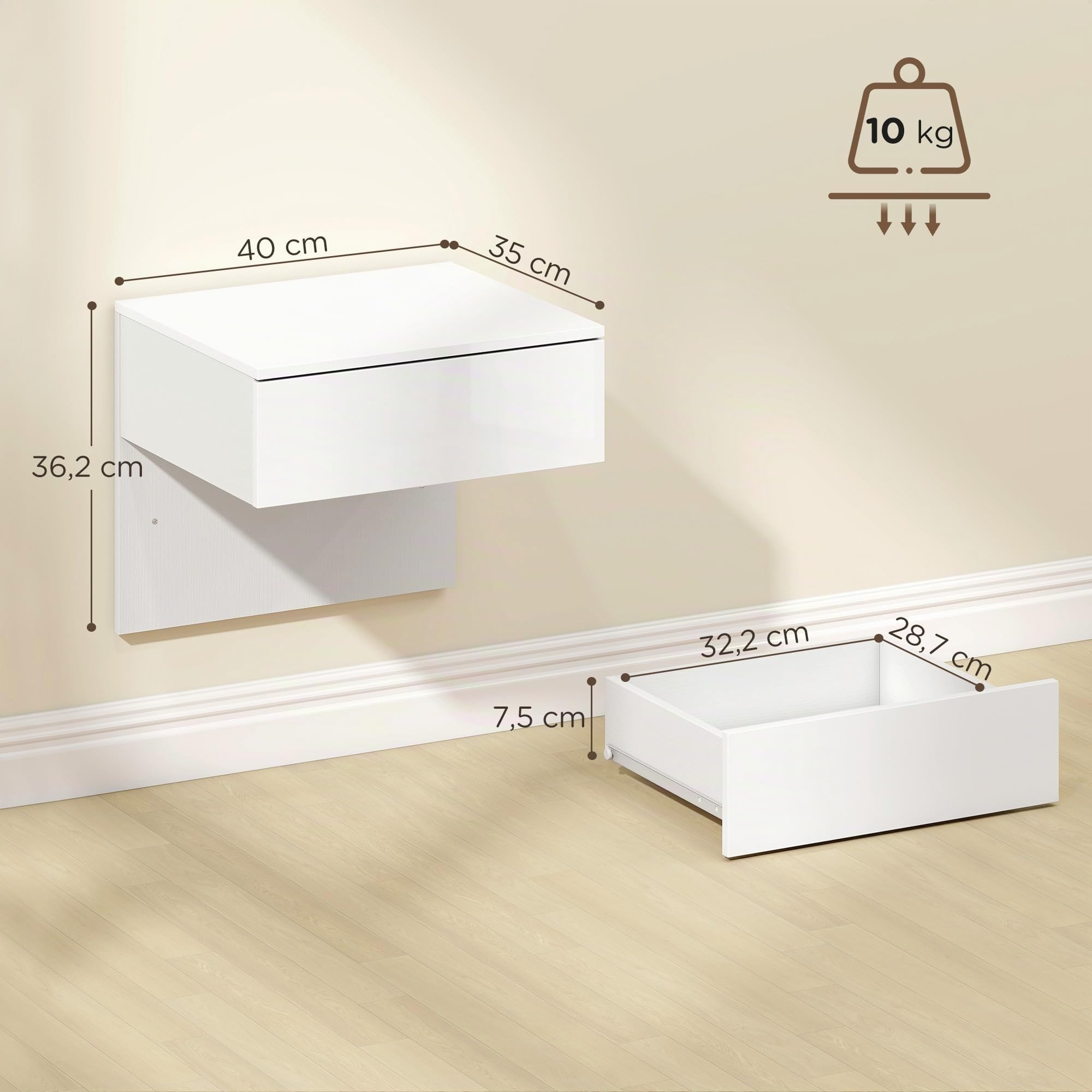 HOMCOM 2 Mesitas de Noche Flotantes con Cajón 40x35x36,2 cm Blanco Brillo
