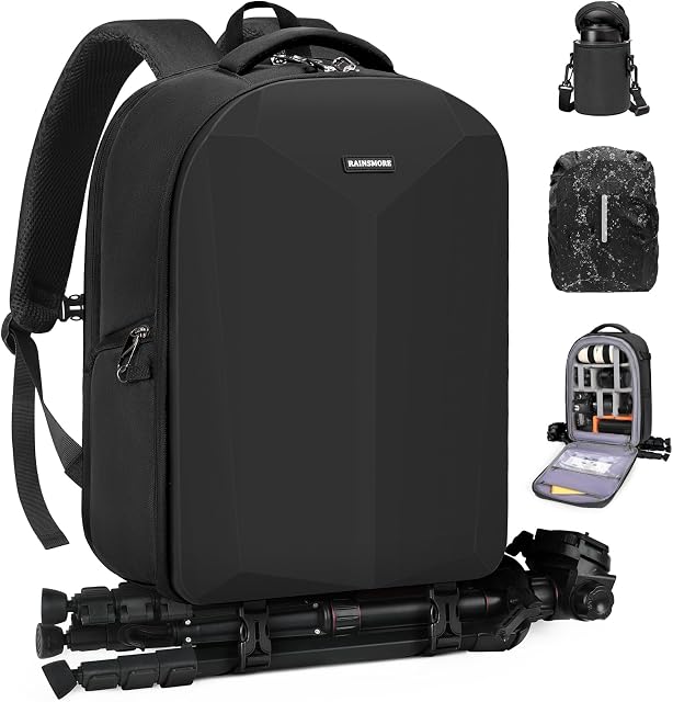 RAINSMORE Sac à dos pour appareil photo DSLR/SLR Sac de photographie de boîtier de caméra professionnel avec boîtier d'objectif & Couverture de pluie