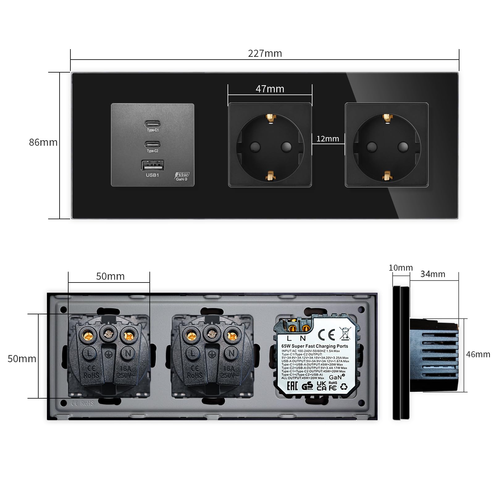 LIAONFOY Prise Schuko double avec charge super rapide, trois ports, prise murale de type C et USB, combinaison de ports de charge, cadre en verre, noir, 228 mm, 100 à 240 V (ligne neutre nécessaire)