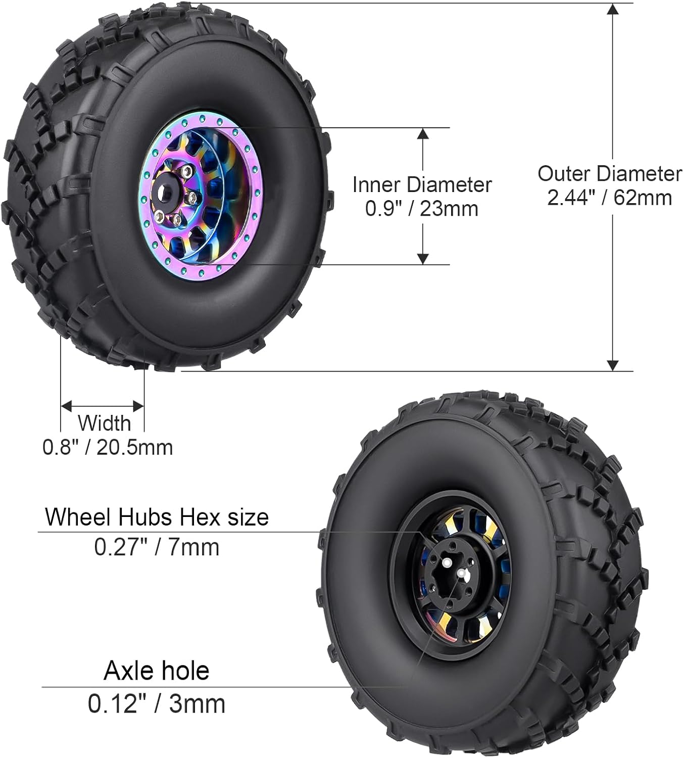 HobbyPark Negative Offset -4mm 1.0 Plus Beadlock Wheels Rainbow and 1.0 Sticky Tires 62x21mm Soft Mud Tires for TRX4M AX24 SCX24 FCX24 Enduro24 1/18 1/24 RC Crawler Car, Set of 4