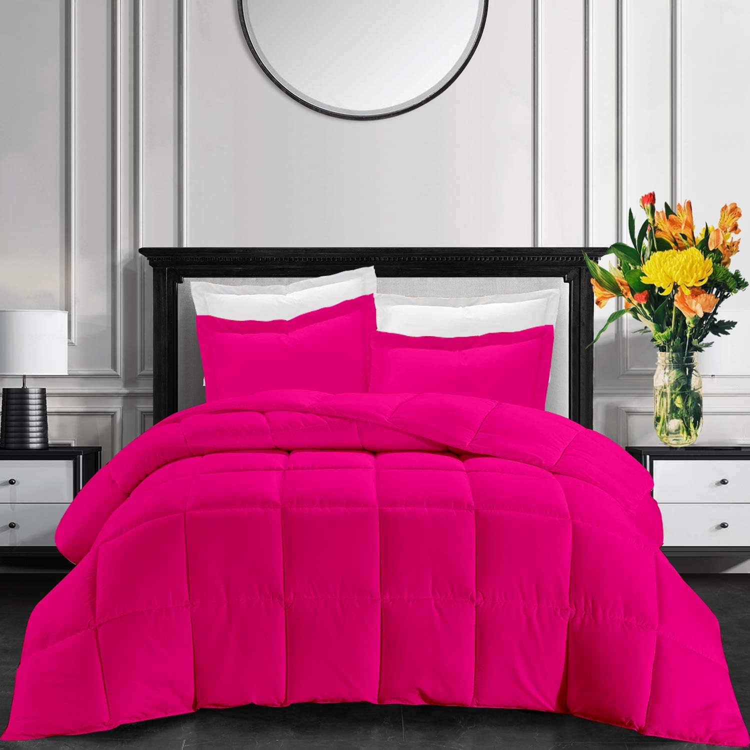 Luxurious Down Alternative Comforter- Oversized Queen Size 98 x 98 Inches 1 Piece All-Season Duvet Insert, 300 GSM with Corner Tabs 100% Egyptian Cotton (Hot Pink Solid)