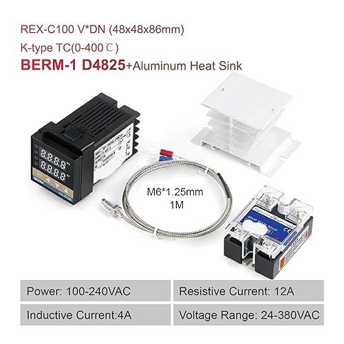 Vista 8 de Rex-C100 Short Shell Pid Temperature Controller + K Type Thermocouple + 40a SSR Relay + Heat Sink Dn Brm-lk25da