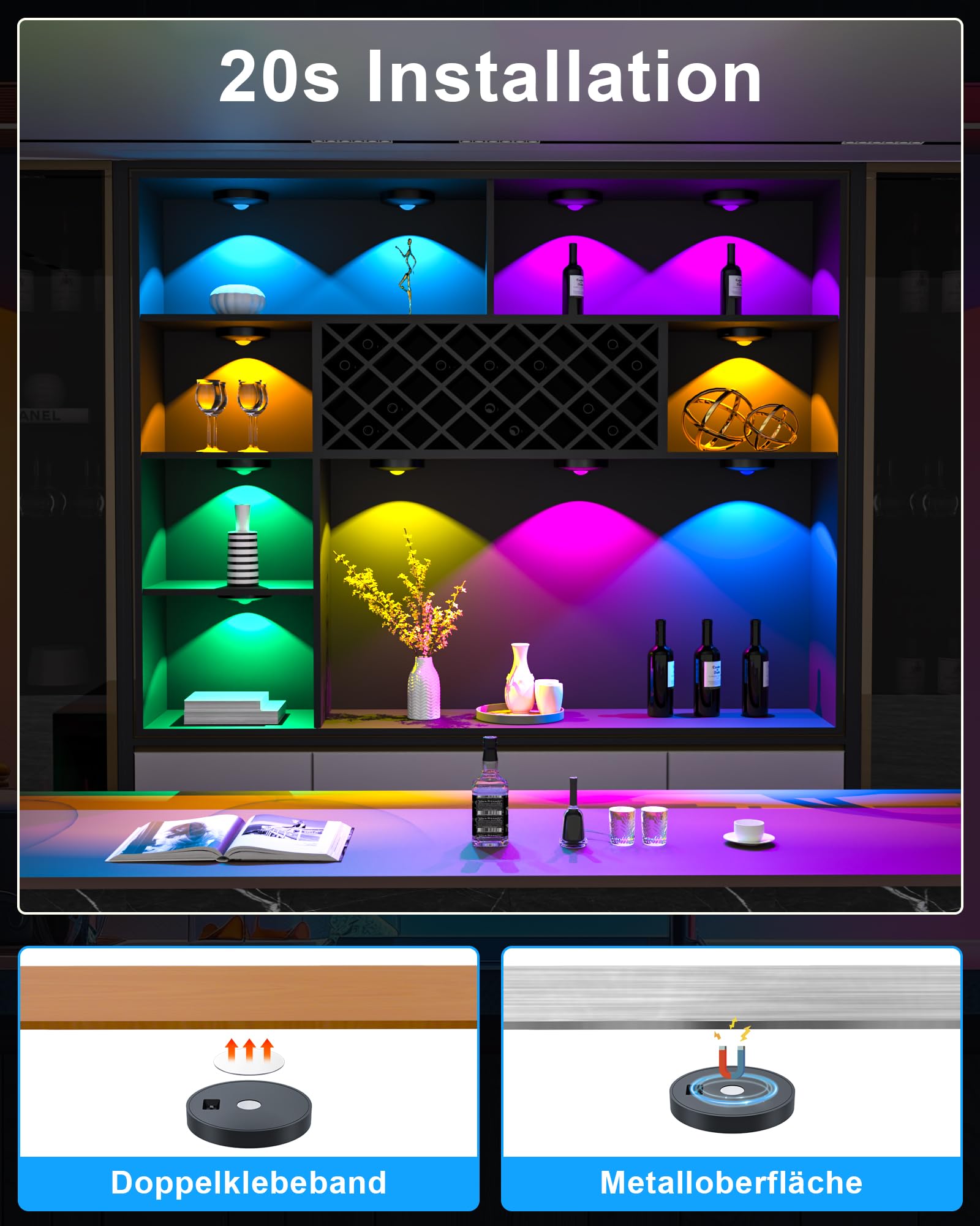 TRUMPETS RGB LED Spot Akku Magnetisch mit Fernbedienung，Schwarz：6 stk