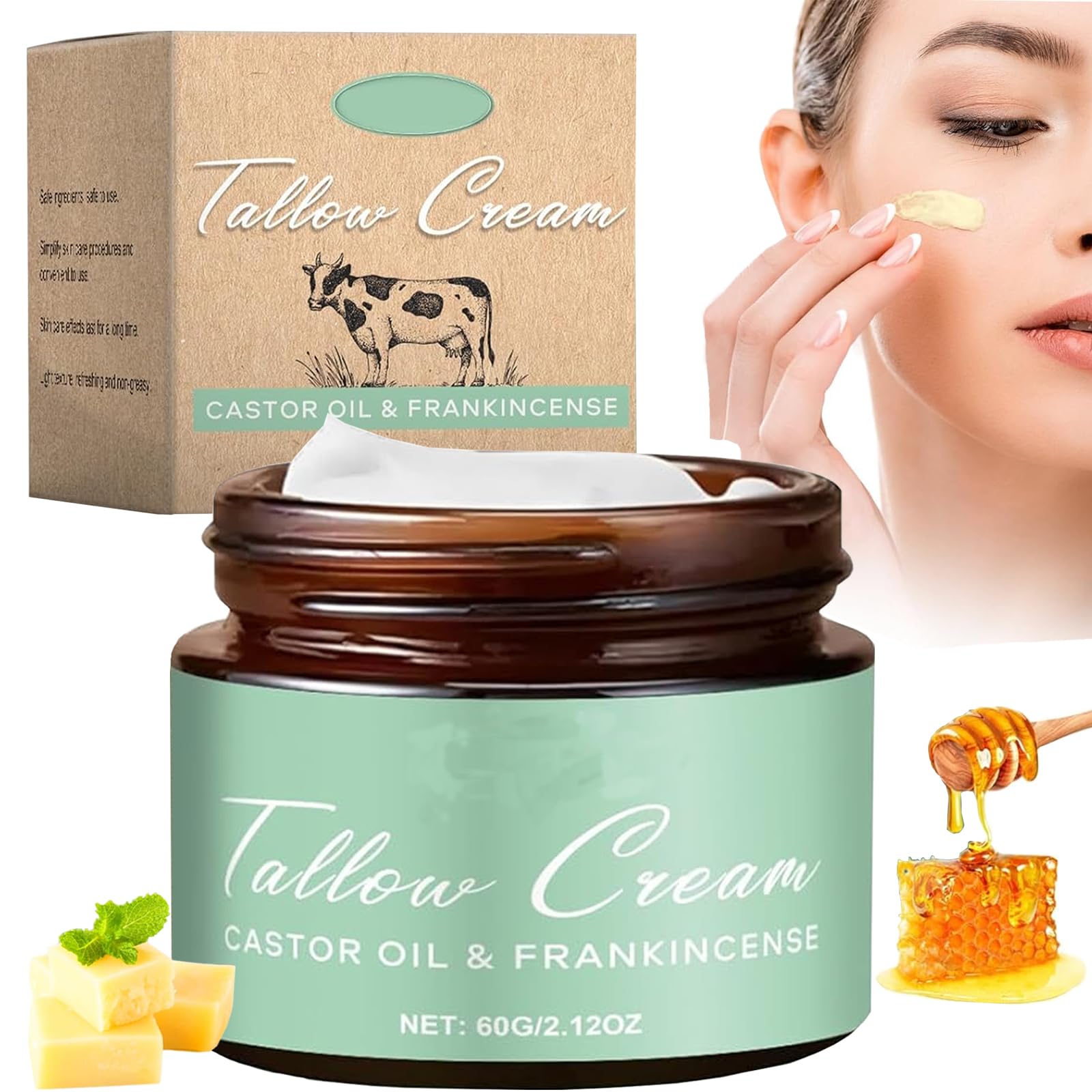 Grass-fed Beef Tallow with Frankincense Oil & Castor Oil, 60g Organic Beef Tallow Moisturizer for Skin, Tallow Cream for Face, Body, Hand