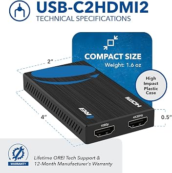 OREI SplitExtend HDMI Splitter Extended Display for Dual Monitor - Multi-Monitor Display 3 Separate Screens - USB A & USB-C Adapter to HDMI 2.0, 4K@30Hz Output 1, 1080p Output 2 for Windows, Mac OS G