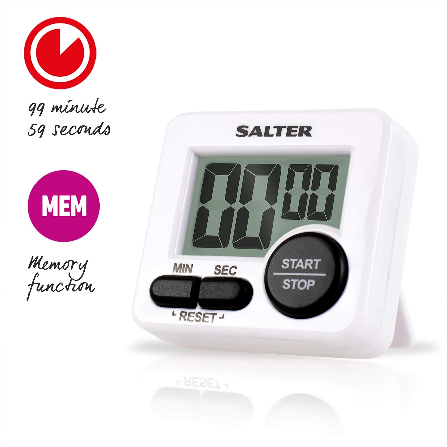 Salter Mini Kitchen Cooks Timer – Electronic Digital Clock, Cooking Countdown Device for Precision Baking, 99 Minutes 59 Seconds, Large Start/Stop Button, Loud Long Ring Beeper – 2 Year Guarantee