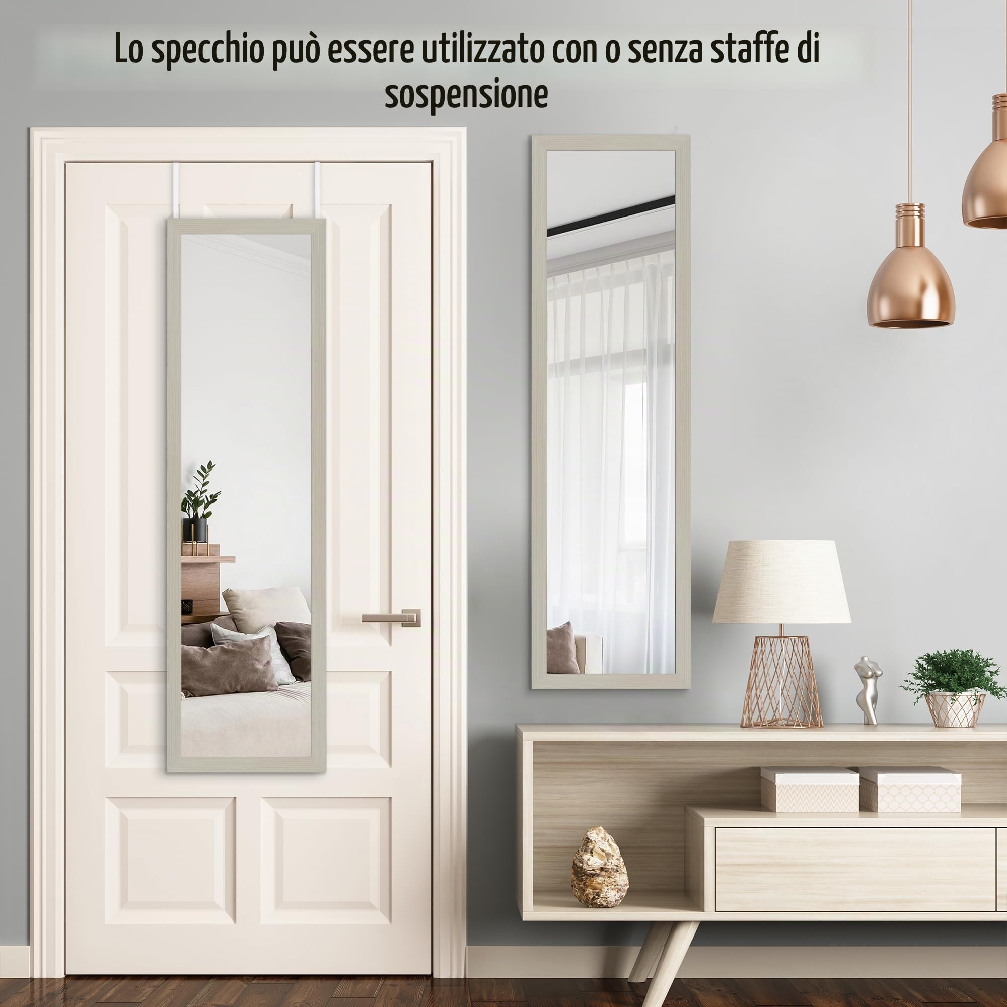 Americanflat Specchio per porta da appendere, 38 x 130 cm, in vetro infrangibile con staffa in metallo per appendere il bagno, la camera da letto, telaio in MDF, colore legno chiaro