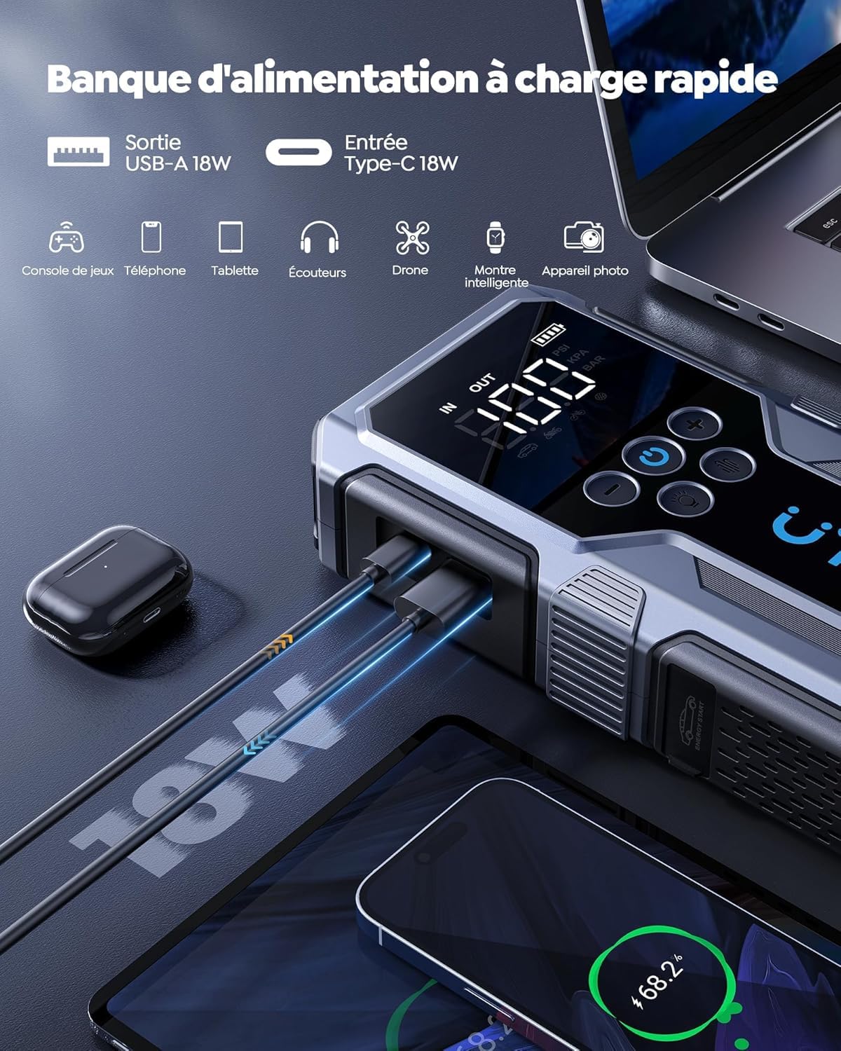 UTRAI Booster Batterie Voiture 6000A, Demarreur Batterie Voiture avec Gonfleur 150PSI (10L Essence/9L Diesel), Jump Starter avec Lumière LED 600 Lumens, QC3.0, Démarrage Forcé, Grand Écran