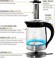 Vista 3 de MegaChef 1.8Lt. Cuerpo de vidrio y hervidor de té eléctrico de acero inoxidable con infusor de té