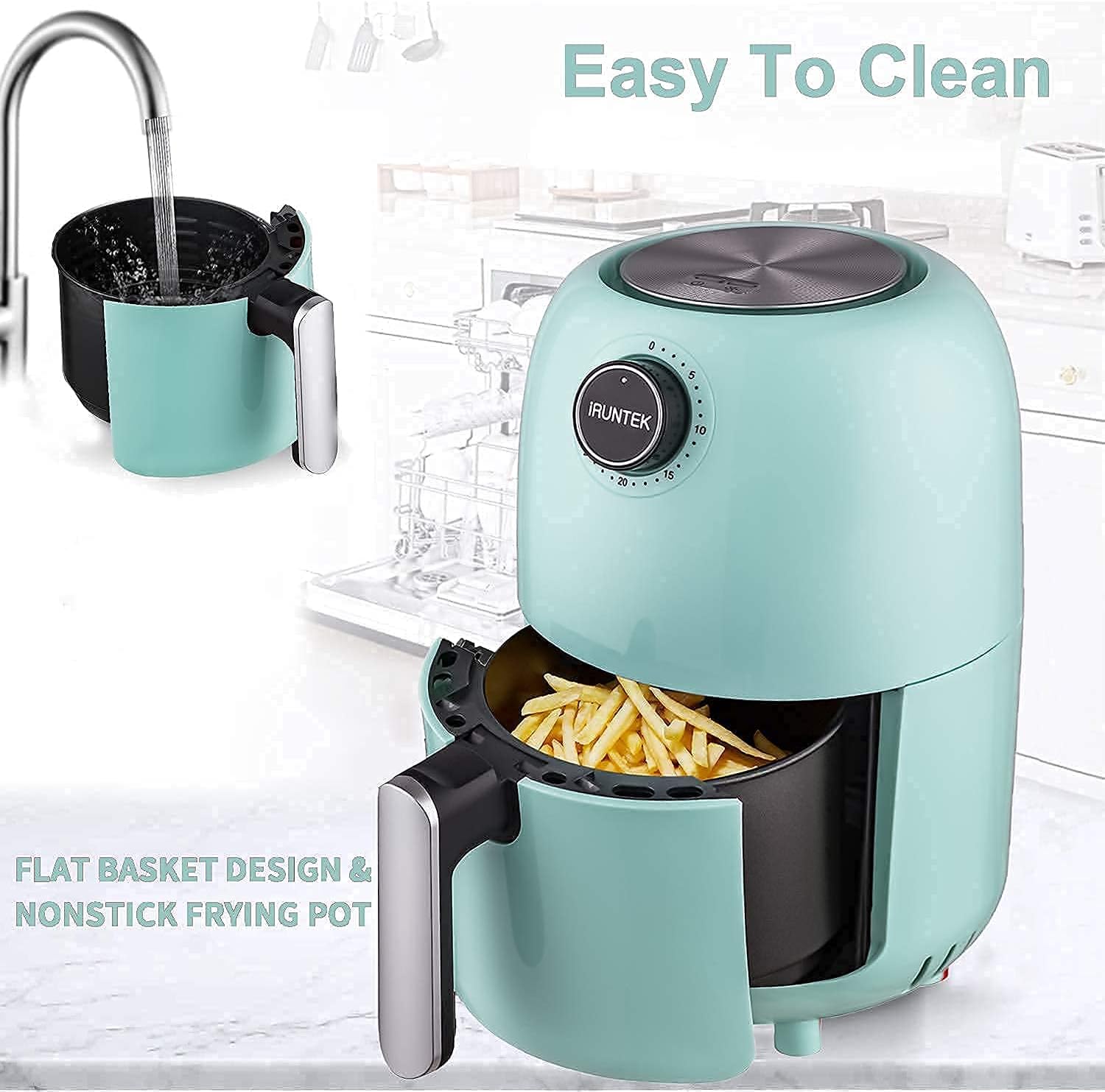iRUNTEK Mini Air Fryer basket being cleaned under running water