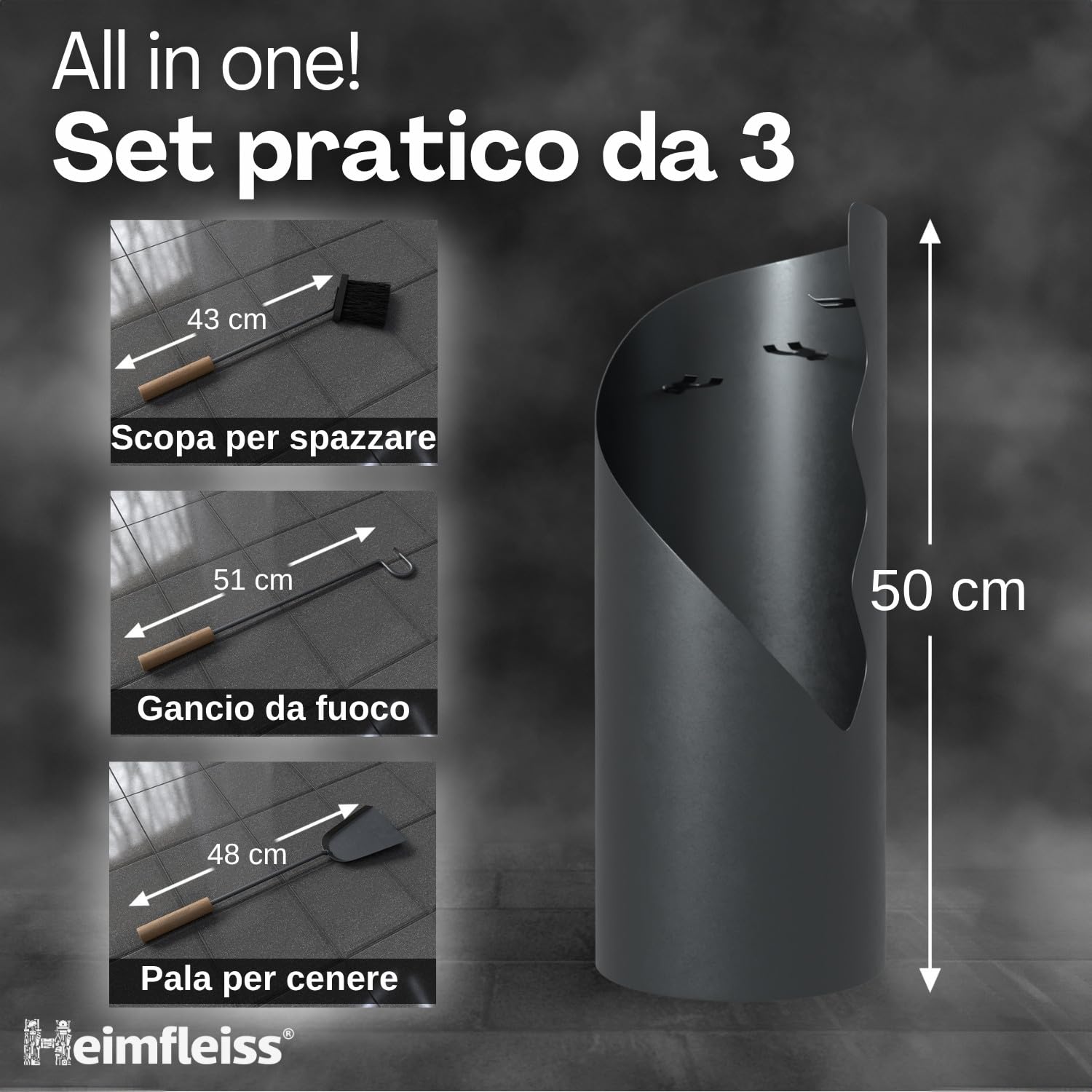 Heimfleiss® Set Camino Grigio Moderno | Attrezzi per Camino Set Camino | Kit Camino di Qualità con Attizzatoio, Spazzola-Paletta | Accessori Camino con Manici in Legno