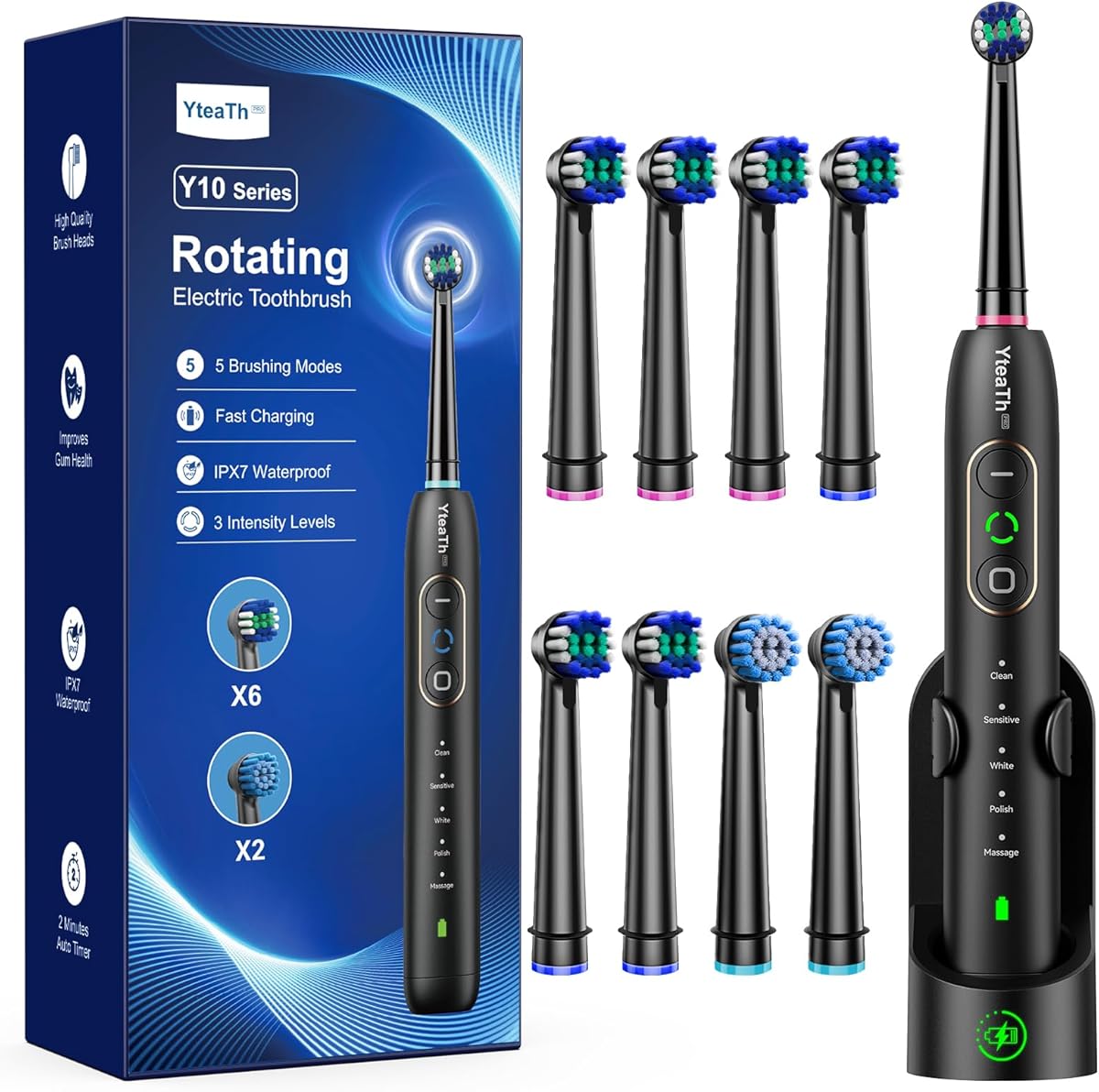 Rotating Electric Toothbrush with 8 Brush Heads for Adults and Kids, 3 Intensities 5 Modes, Wireless Wall Charging Station, Sonic Toothbrush with 2-Minute Smart Timer (Black)