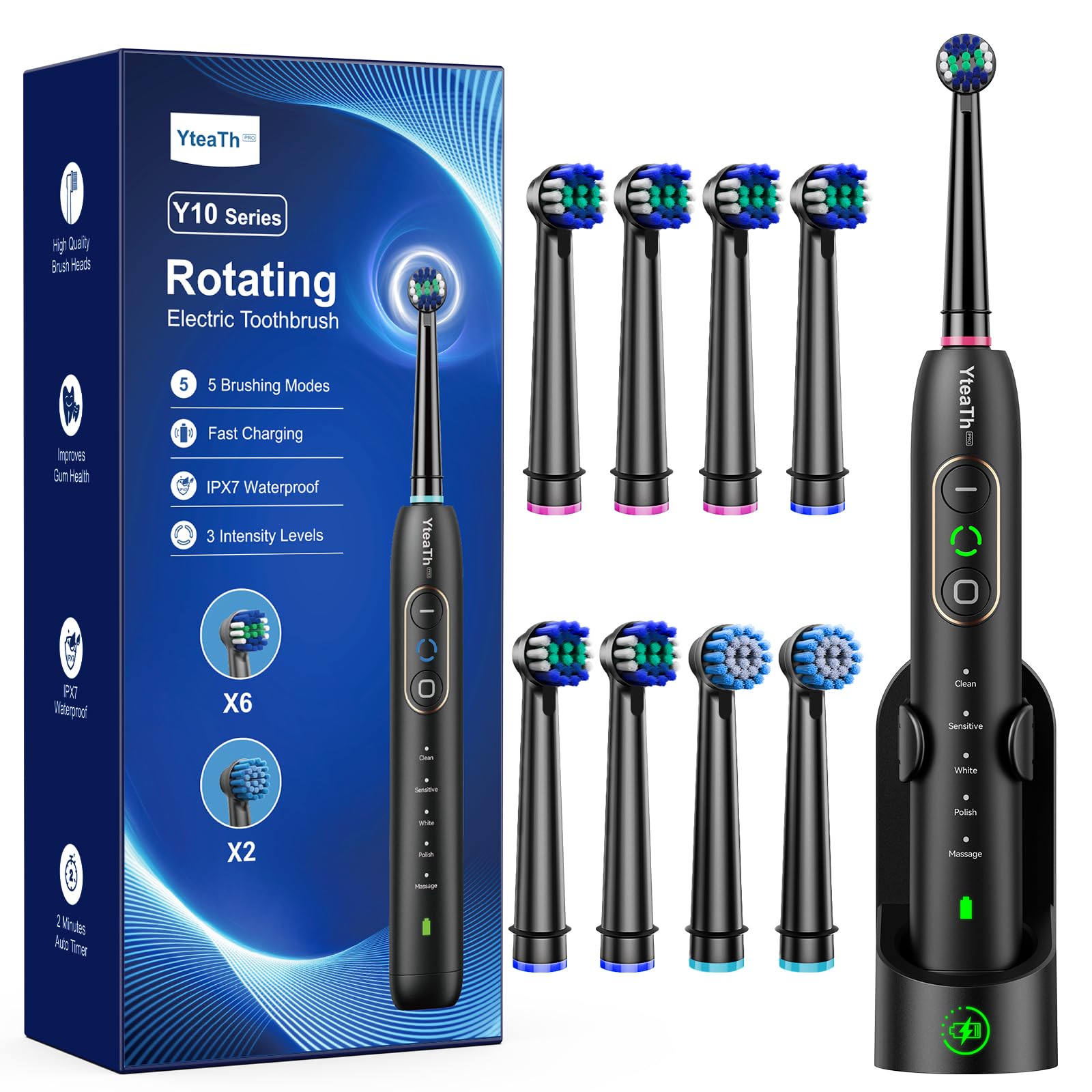 Rotating Electric Toothbrush with 8 Brush Heads for Adults and Kids, 3 Intensities 5 Modes, Wireless Wall Charging Station, Sonic Toothbrush with 2-Minute Smart Timer (Black)