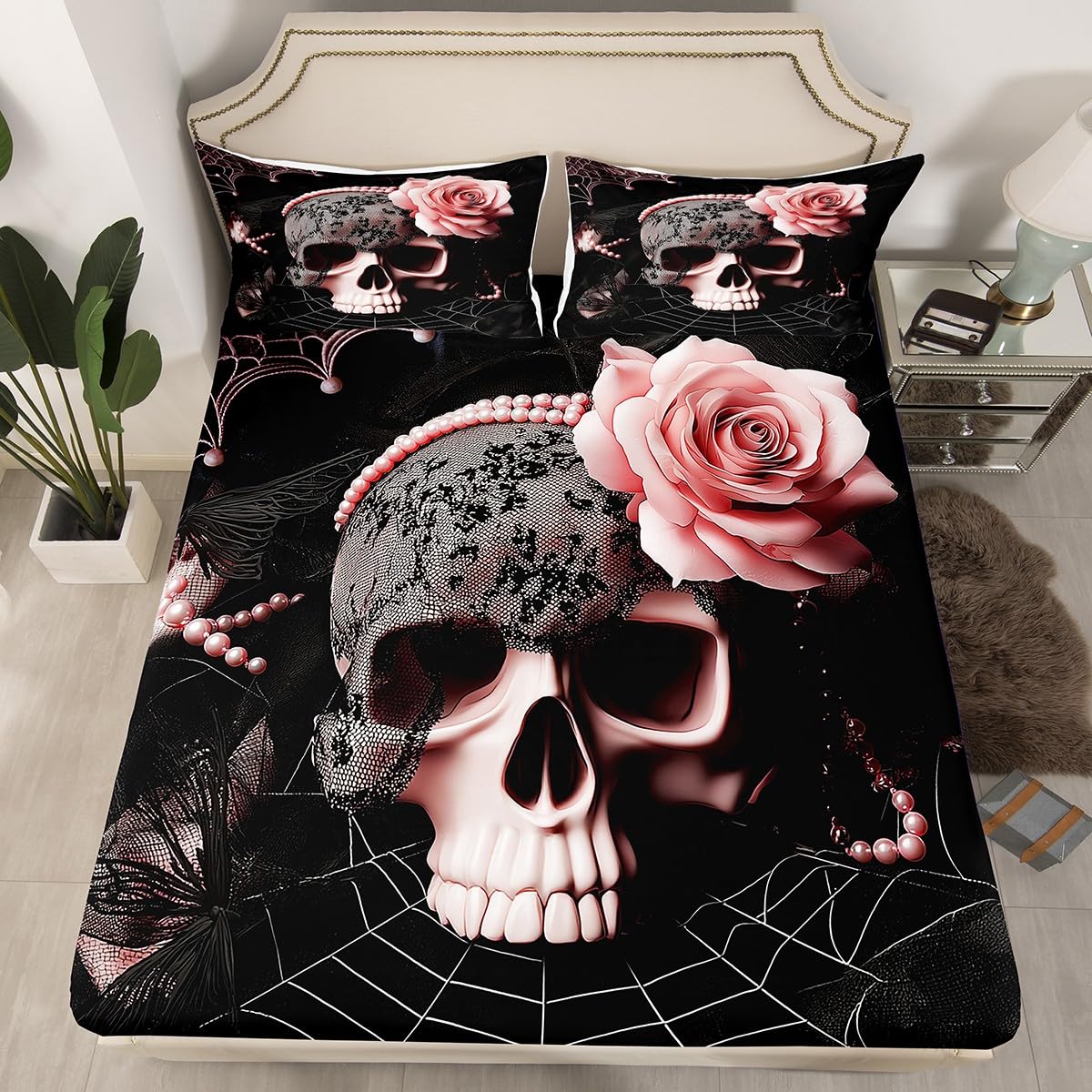 Homewish Juego de ropa de cama con diseño de calavera y rosas rosadas, sábana bajera ajustable para mujeres y hombres, sábanas vintage de flores góticas negras, funda de edredón de telaraña de