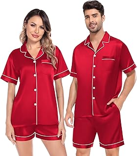 Satin Matching Pajamas Sets Couple Silk Button Down Nightwear Women & Men Short Sleeve Sleepwear 2 Pieces Loungewear