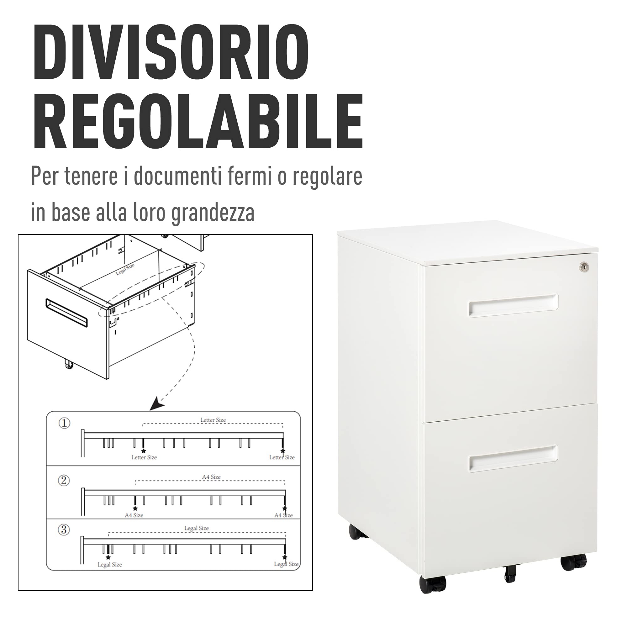 Vinsetto Cassettiera Ufficio con Ruote e 2 Cassetti 39x48x67cm Bianco | Schedario Portadocumenti, Serratura e 2 Chiavi, in Acciaio