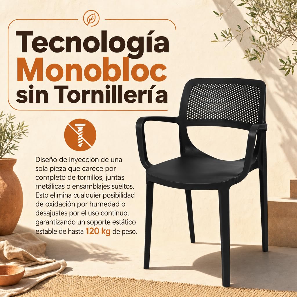 Pack 2 Unidades — Silla de plástico con reposabrazos y Respaldo Perforado para terraza o Interior Antracita