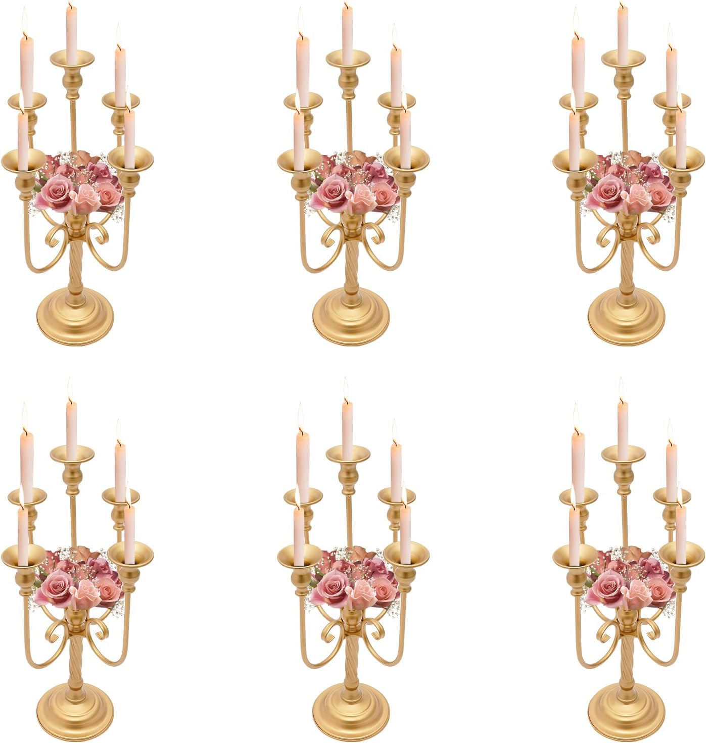 6 Pcs Gold Candelabra Candlestick Holder Metal Candle Stand Candle Holders 5 Heads Candelabra for Taper Candles for Table Centerpieces Wedding Christmas Holiday Birthday Party 12.2 * 19.7in