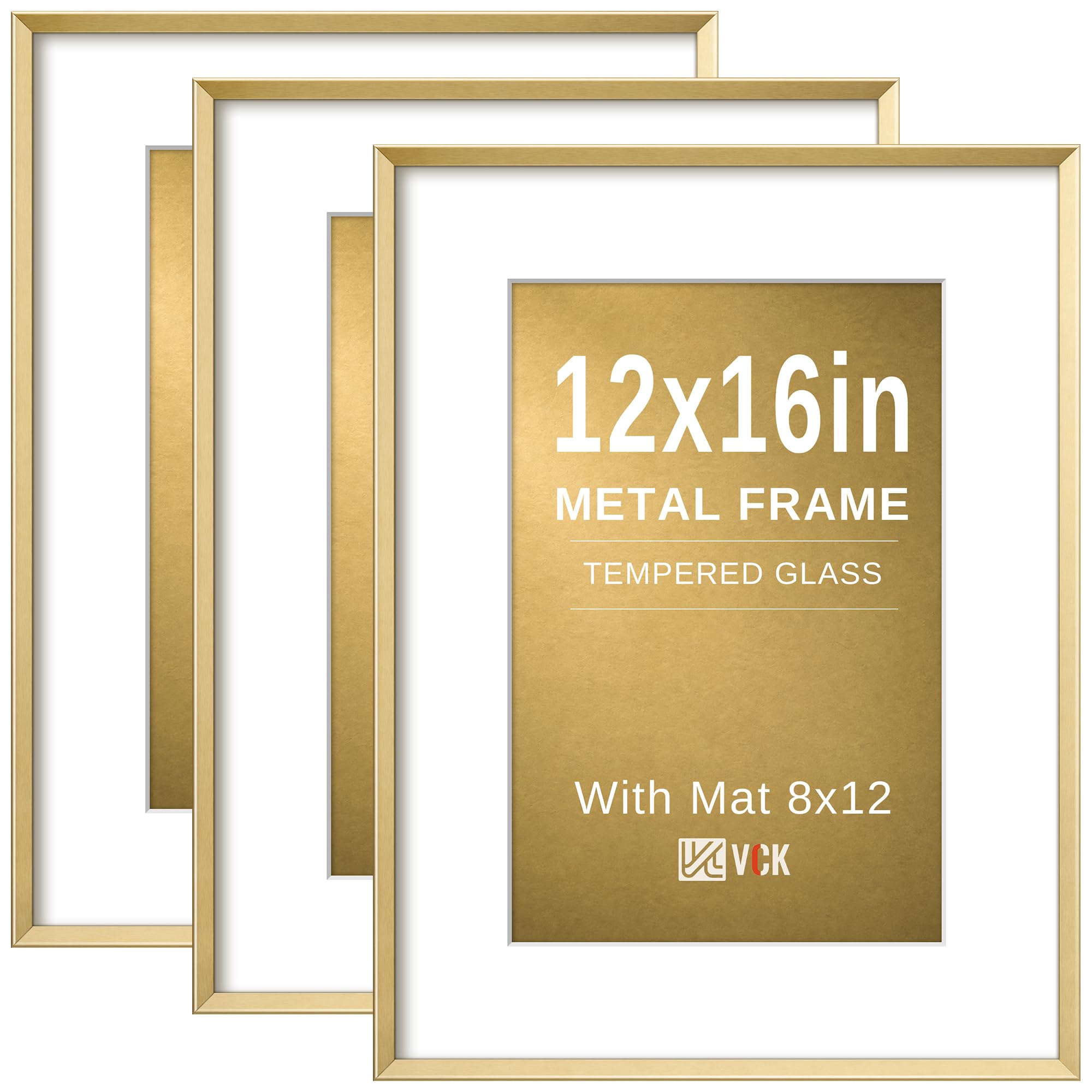 VCK 12X16 Aluminum Picture Frames with Real Tempered Glass Set of 3, Gold Metal Poster Frames with Mat for 8x12 Picture or 12x16 without Mat, Wall Hanging