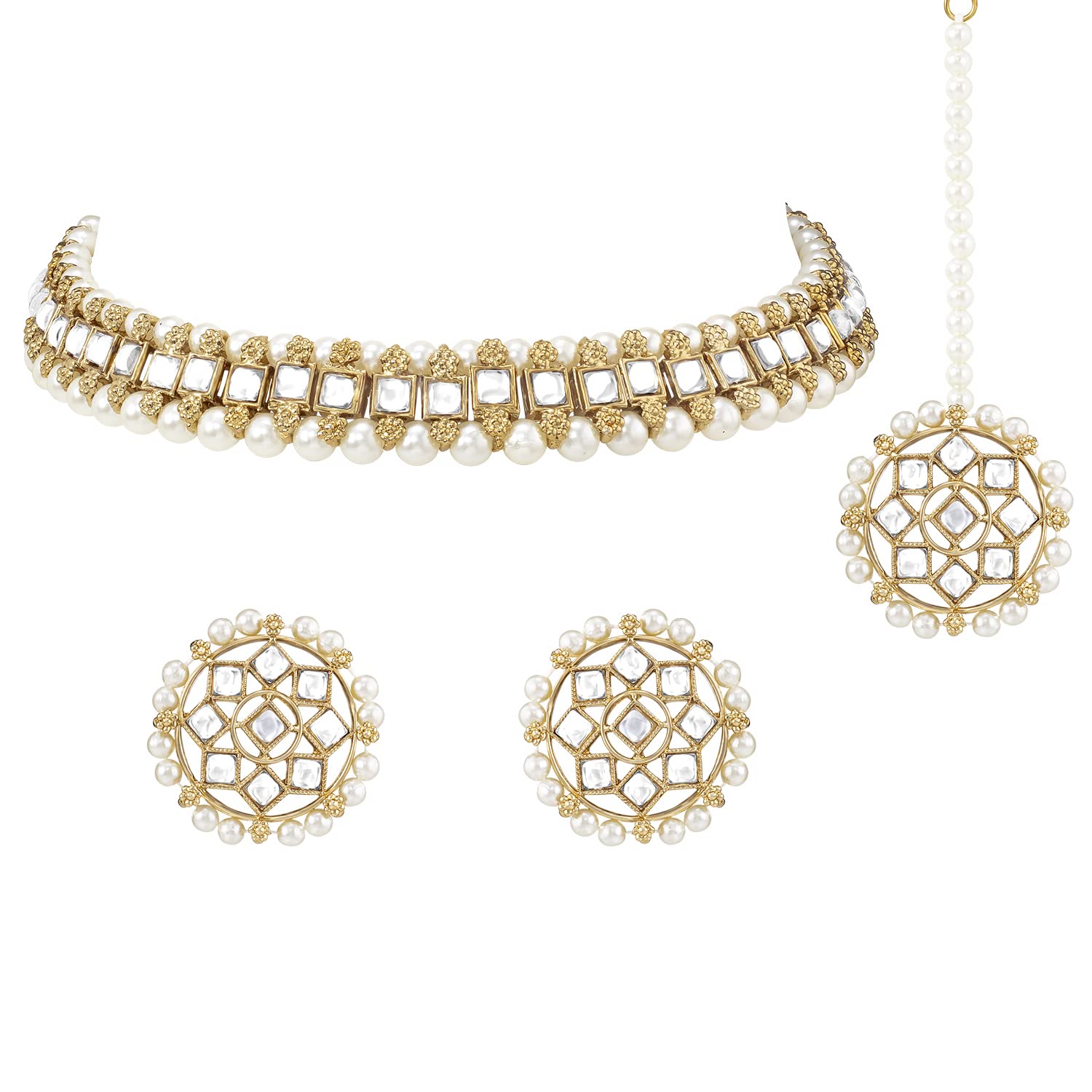 peora Traditional Gold Plated Kundan Choker Necklace With Stud Earrings and Maang Tikka Ethnic Jewellery Set Gift for Women & Girls-picture-41
