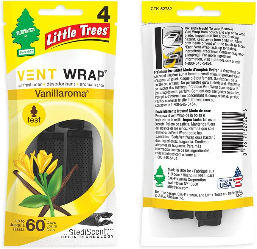 LITTLE TREES Car Air Freshener | Vent Wrap Provides Long-Lasting Scent, Slip on Vent Blade | Vanillaroma, 4 Packs (4 Count) : Automotive