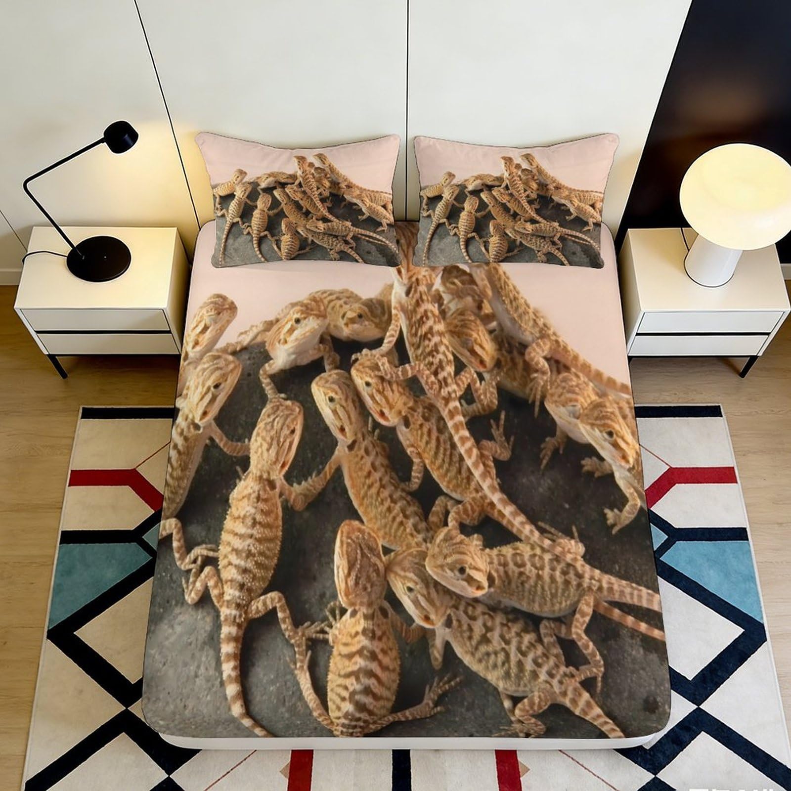 3D Printed Bearded Dragon Fitted Sheet Microfiber Soft Breathable Lizard Mattress Cover for Bedroom Dormitory Guest Room Mattress Protection 90x200x25cm