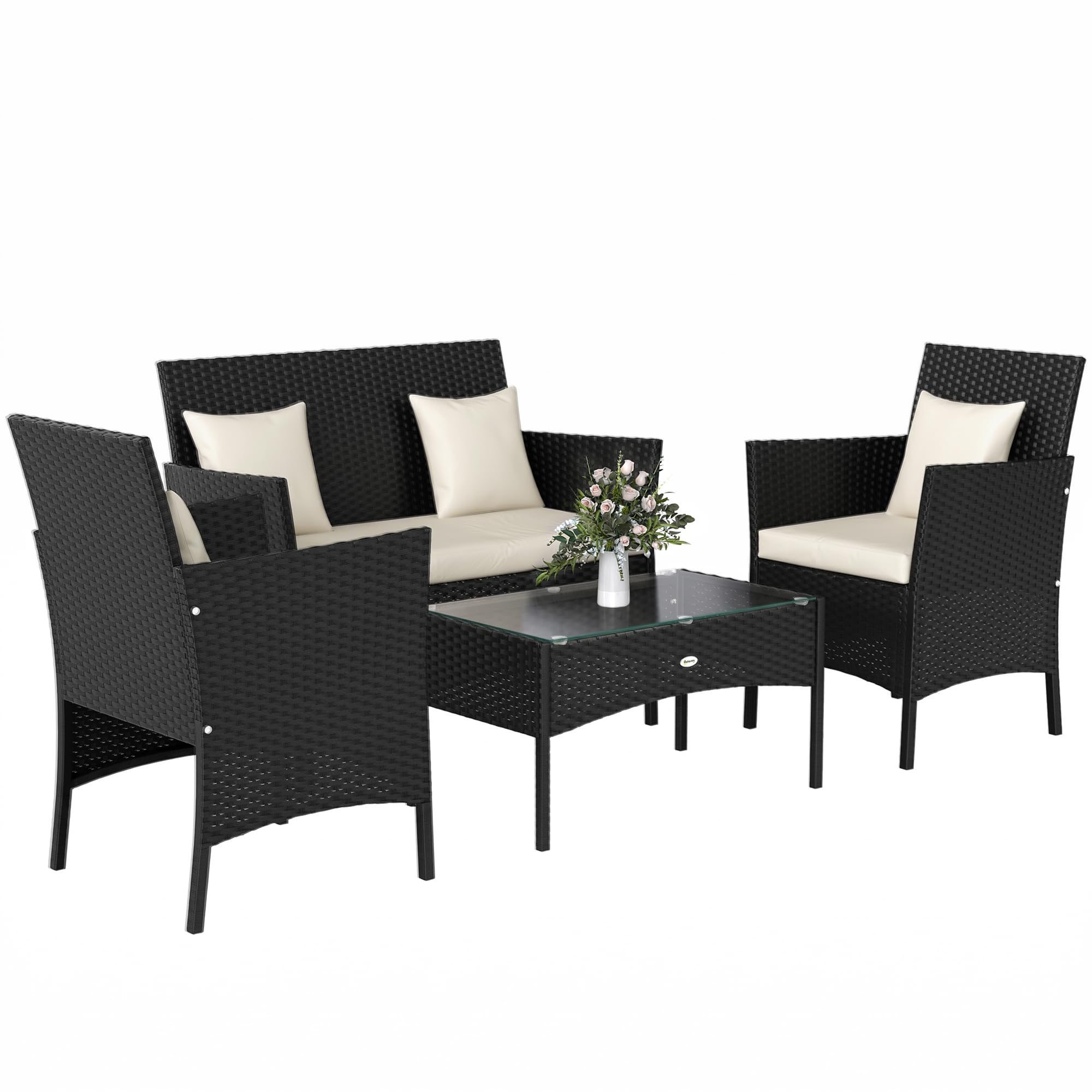 Outsunny Set da Giardino 4 Pezzi in Rattan con Sedie e Tavolino, Nero e Crema