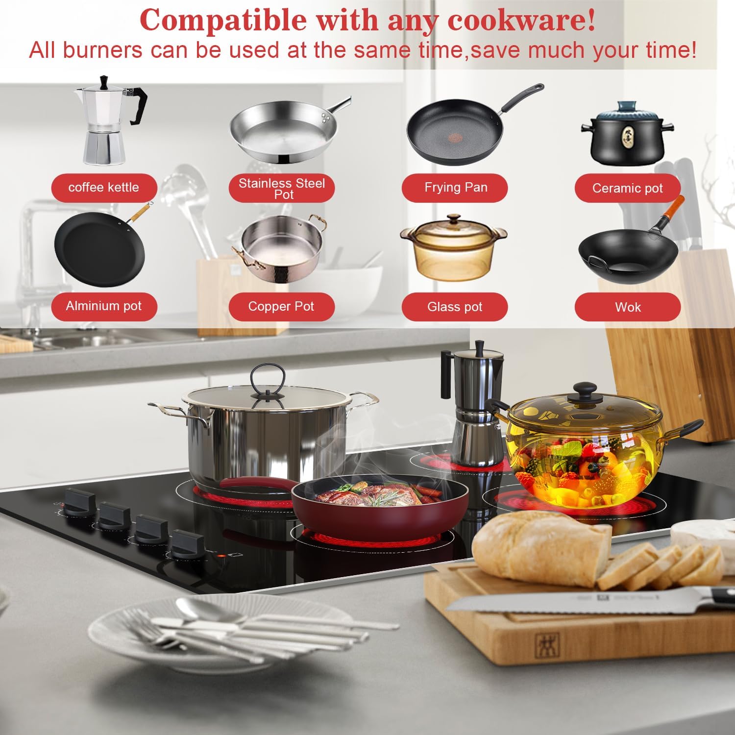 30 Inch Electric Cooktop, Knob Control 4 Burners Electric Stove Top, 30" Radiant Ceramic Cooktop, Equipped with Metal Border, 6700W High Power, No Plug Suitable for 220~240V