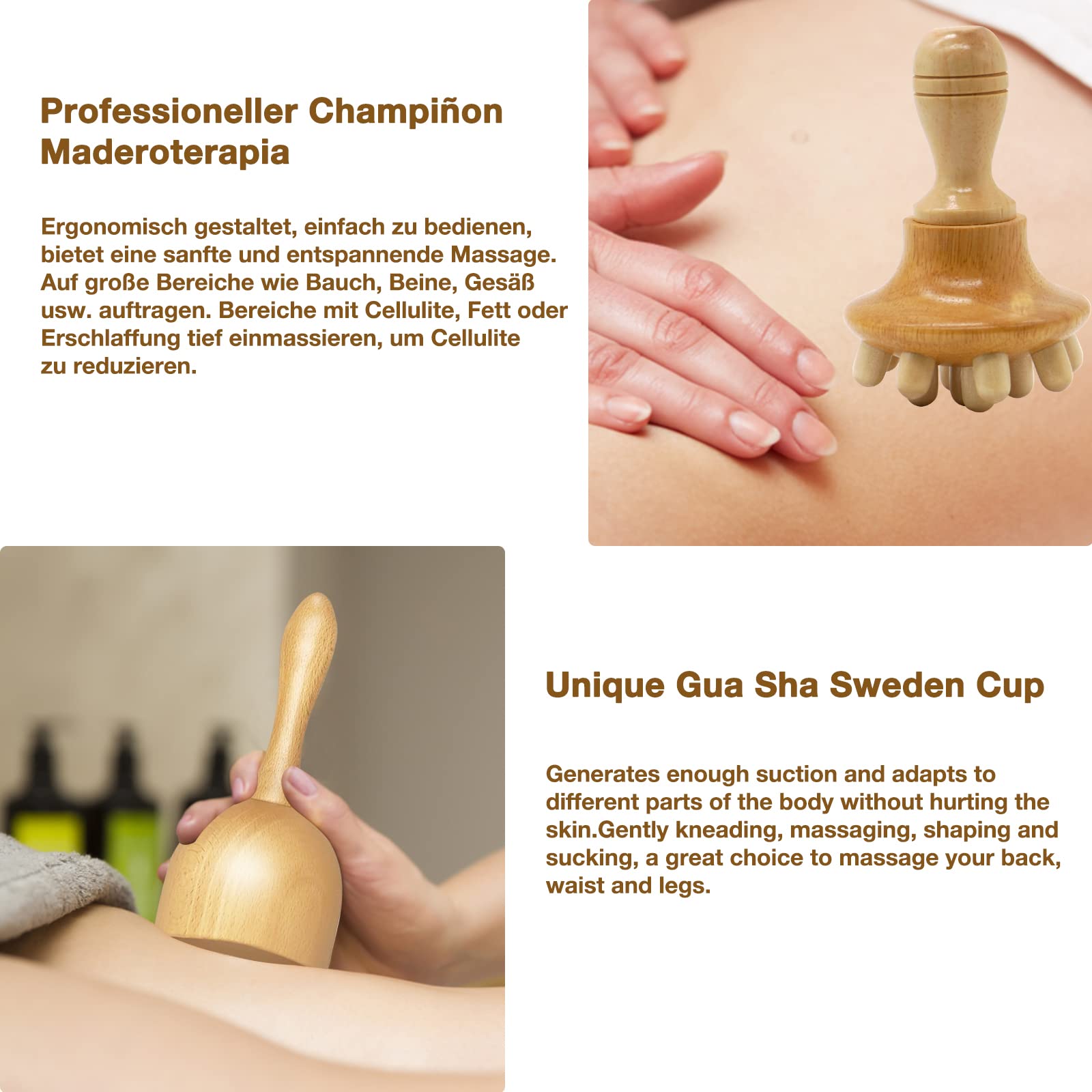 6 in 1 Maderotherapie Set, Anti Cellulite Massagegerät Holz, Massageroller Faszienrolle Gua Sha Becher Massage Set, Lymphdrainage Körper Massage Tools, Stress Abbauen und Entspannung