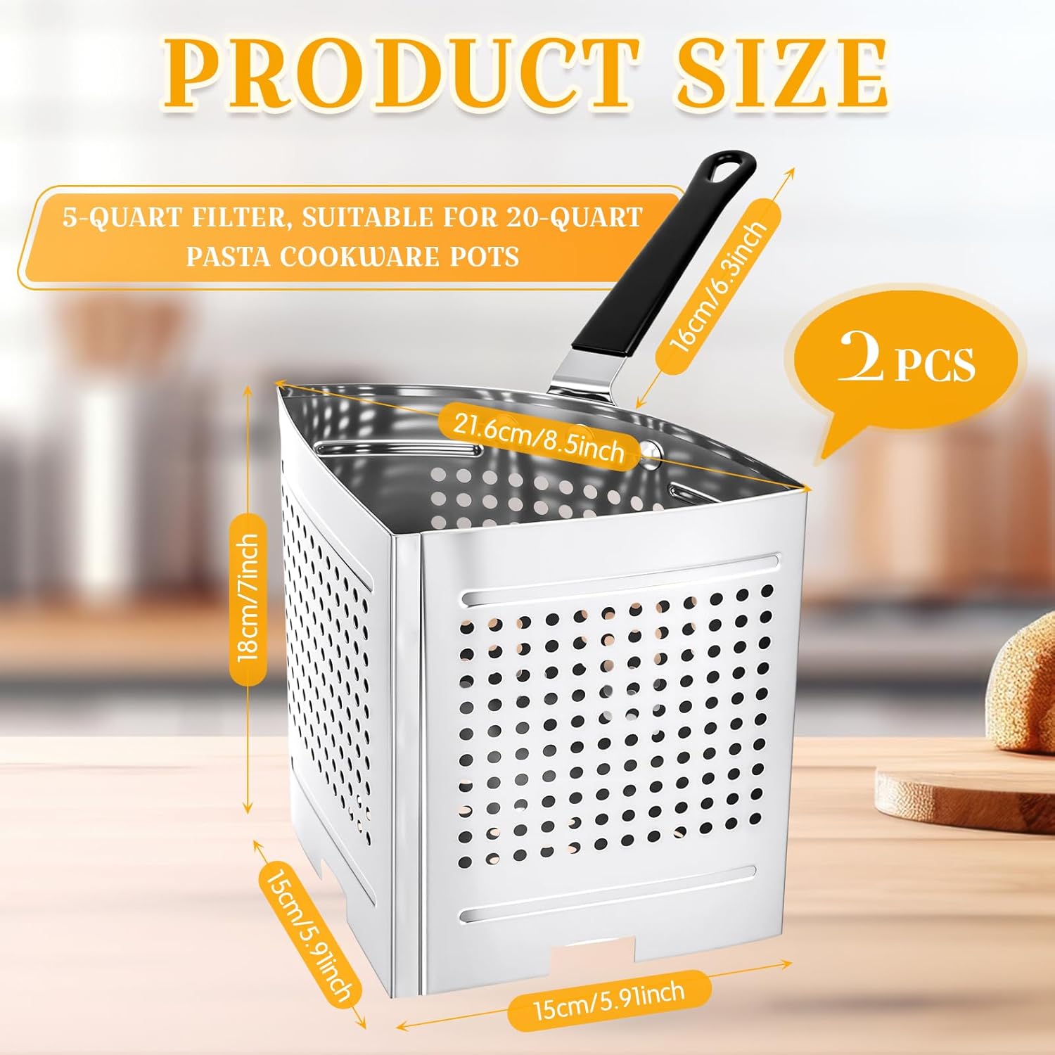 LemonRoad 2 Pack 5 Qt Stainless Steel Pasta Strainer Baskets Inserts Quarter Strainer Basket Skimmer with PVC Handles for 20 Qt. Pasta Cooker Pot for Boiling Noodle Blanching Vegetables Seafood
