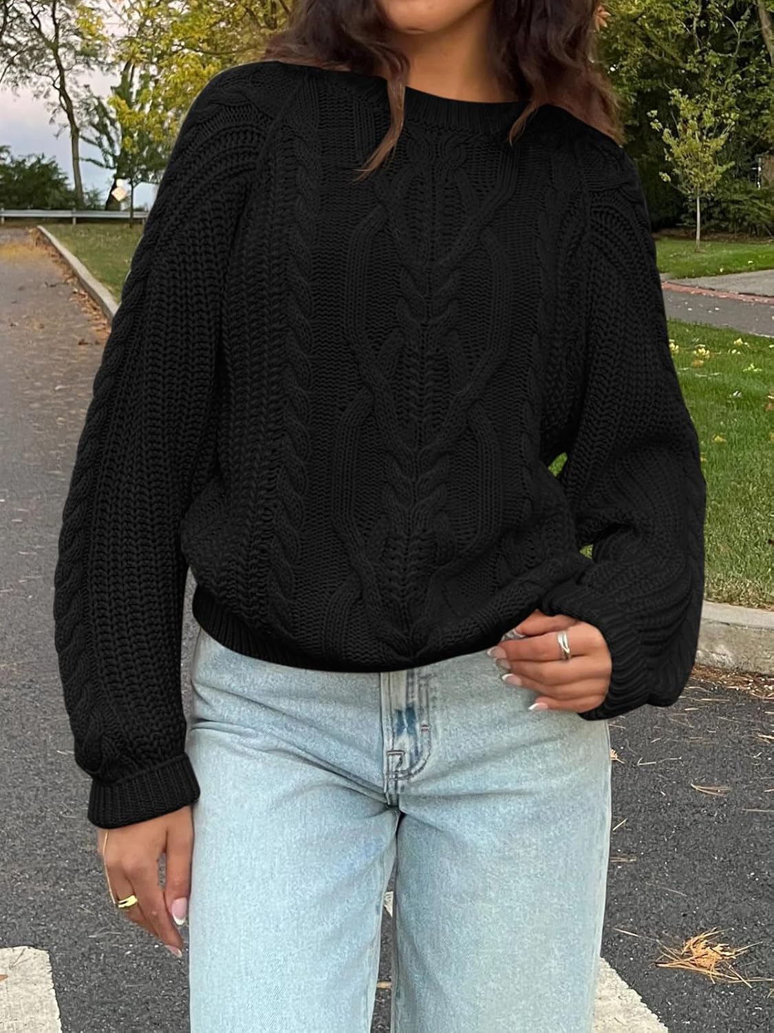 Cicy Bell Womens Oversized Cable Knit Sweaters Crew Neck Long Sleeve Fall Chunky Pullover Casual Loose Fit Sweater Tops - Image 3