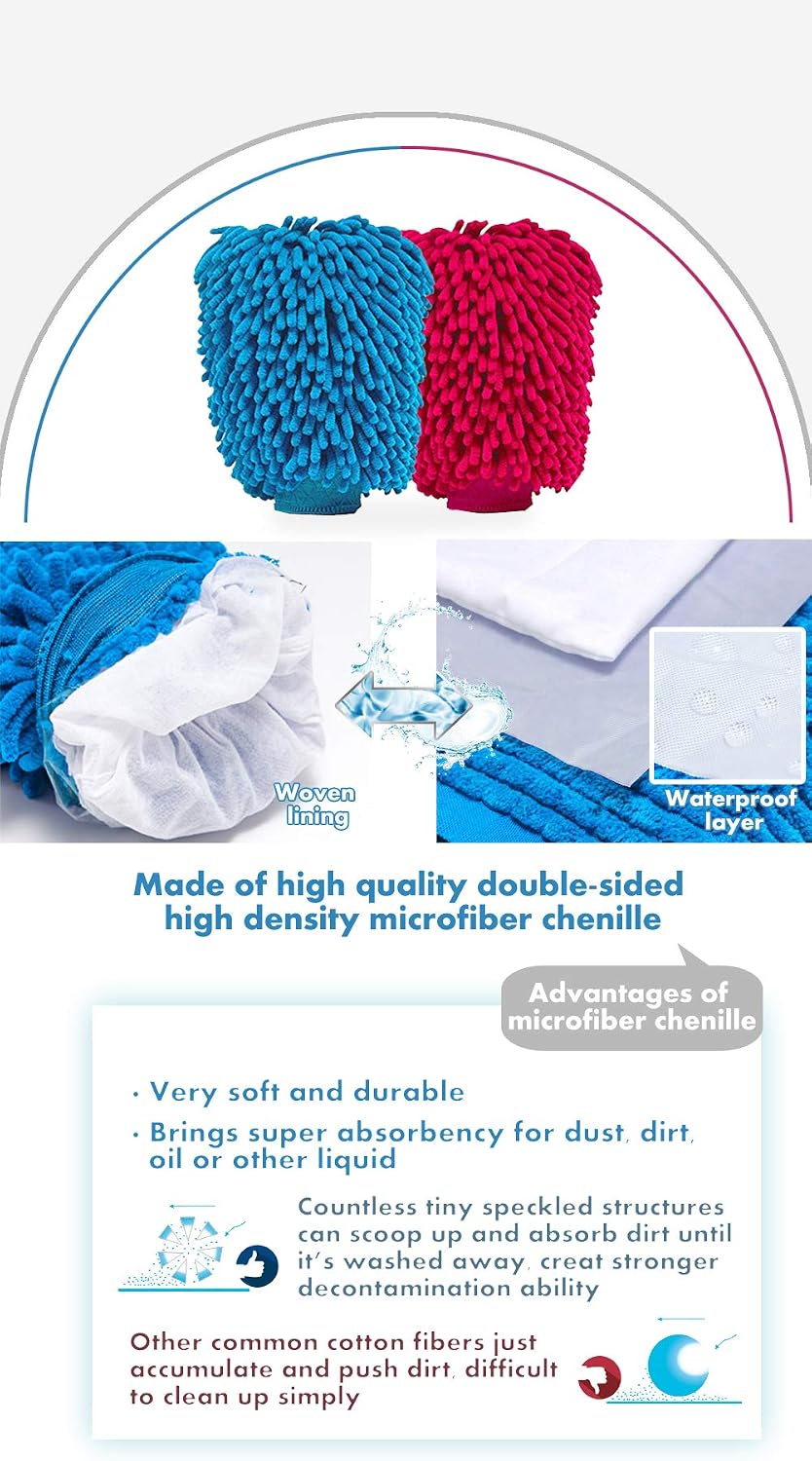Aeroway Chenille Microfiber Premium Scratch-Free Car Wash Mitt - Double Sided, 4 Pack, 2 Color ExtraLarge