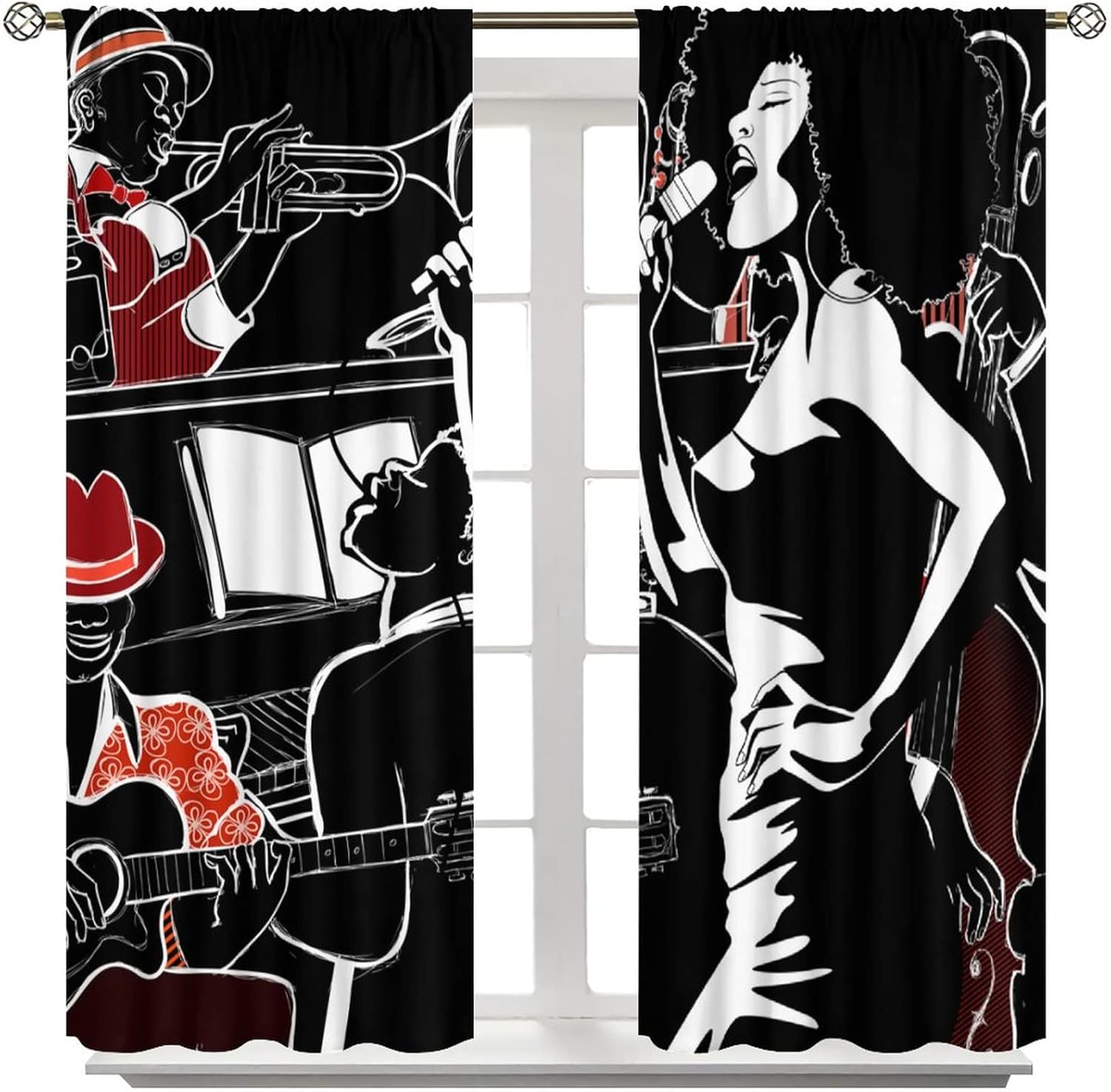 Jazz Music Curtains,American Woman Afro Black Girl Singing Art Theme Window Treatments for Bedroom Living Room Studio Music Room Window Drapes 2 Panel Set,Total Size 42 x 63 Inch