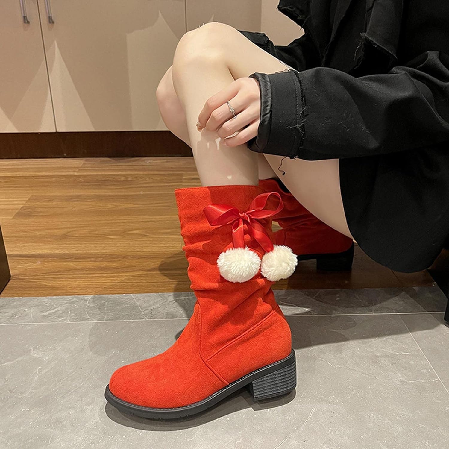Womens Suede Boots Slip-On Mid Calf Lace Up with Side Pom Round Toe Shoes Chunky Fall Winter Christmas Warm Boots