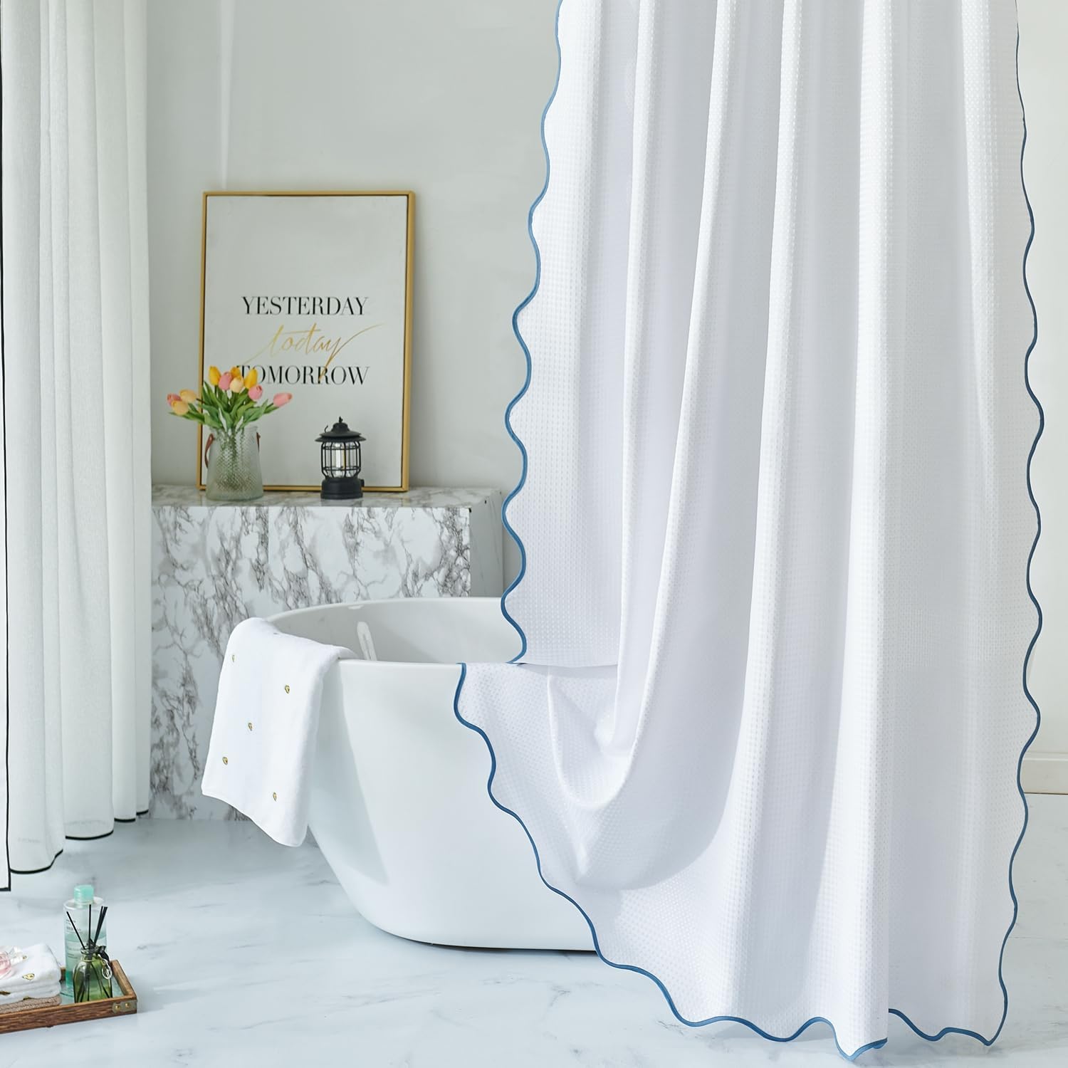 Waffle Weave 230GSM Heavy Duty Fabric with Water Blue Scalloped Border Shower Curtain,Boho Chic Cloth Shower Curtain for Bathroom Showers,72 x 84 Inches