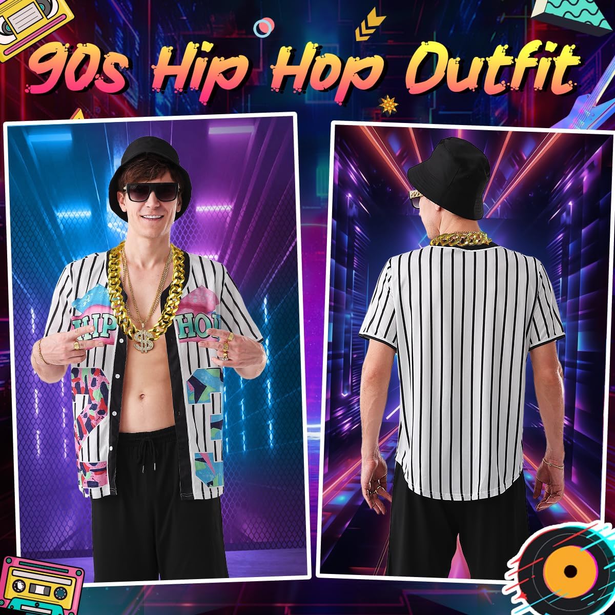 80s 90s Outfit for Men, Hip Hop Costume Baseball Jersey Shirt Shorts Rapper Accessories 1990s Party Costume - Image 3