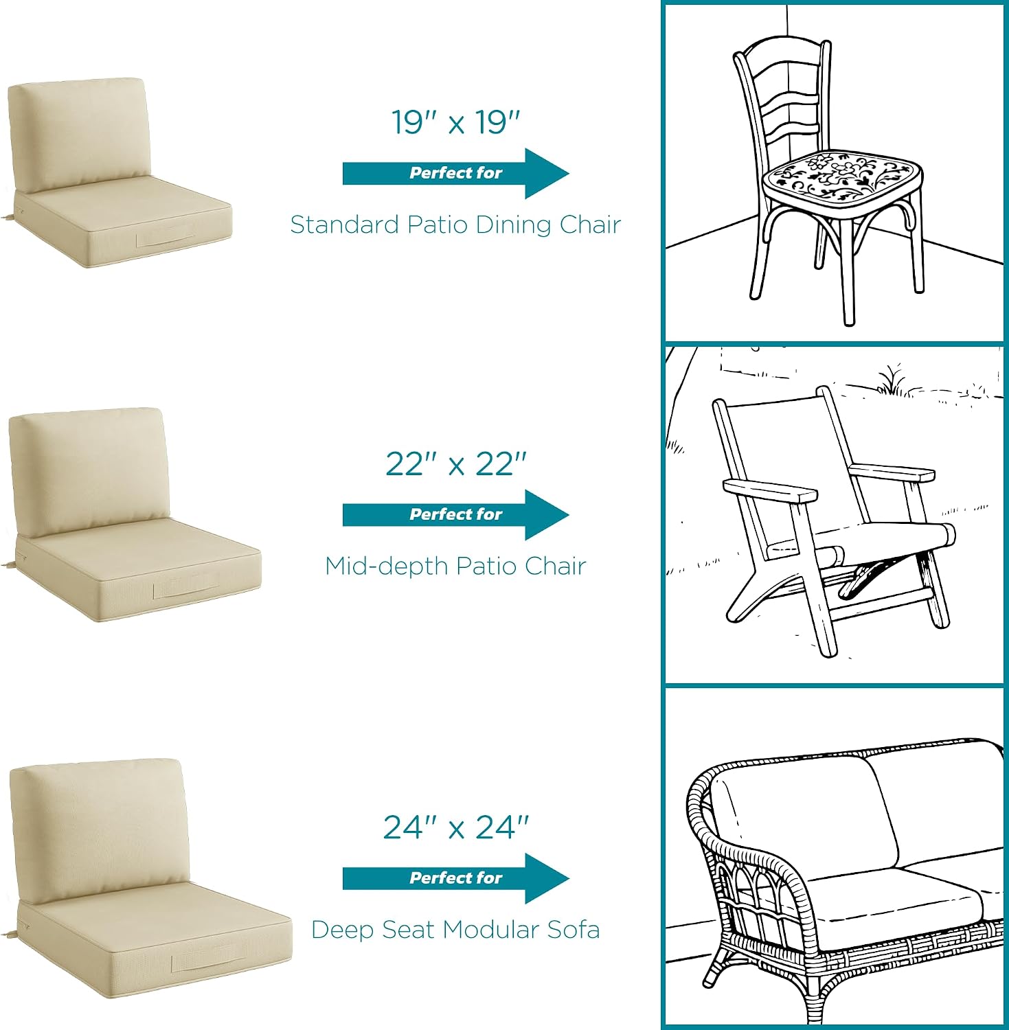 Codi Outdoor Chair Cushions for Patio Furniture 24x24, Waterproof Deep Seat Cushion Replacement for Outside Couch, Sofa, Washable Removable Cover with Handle & Adjustable Straps, Beige