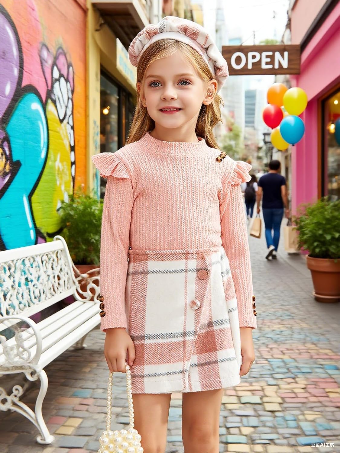 Patgoal Toddler Girls Fall Winter Clothes 3 Piece Outfits Kids Long Sleeve Ribbed Knit T Shirt Sweater Plaid Mini Skirt Set - Image 4