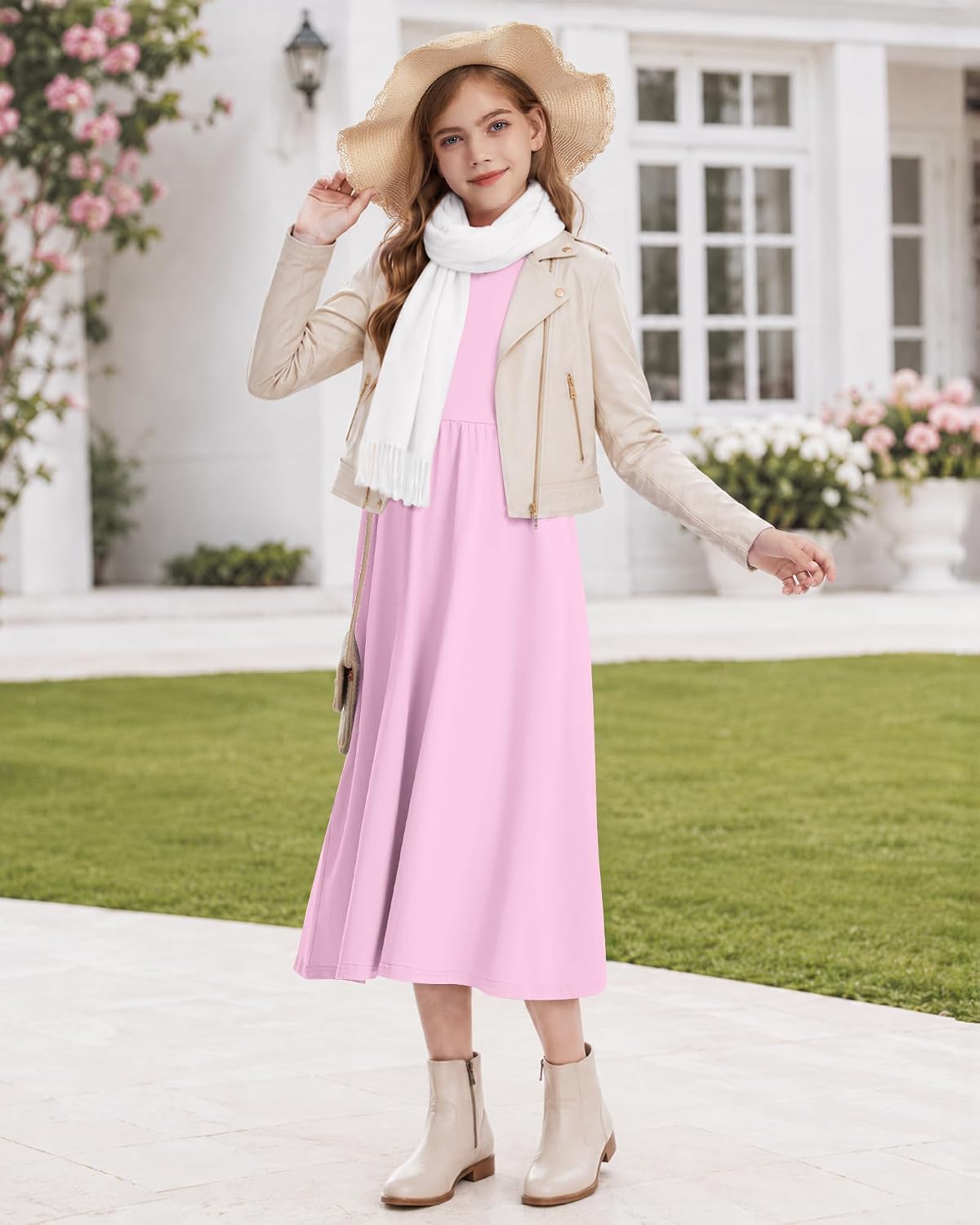 Girls Long Sleeve Crewneck Fall Empire Waist Dress with Pockets 2026 image 4