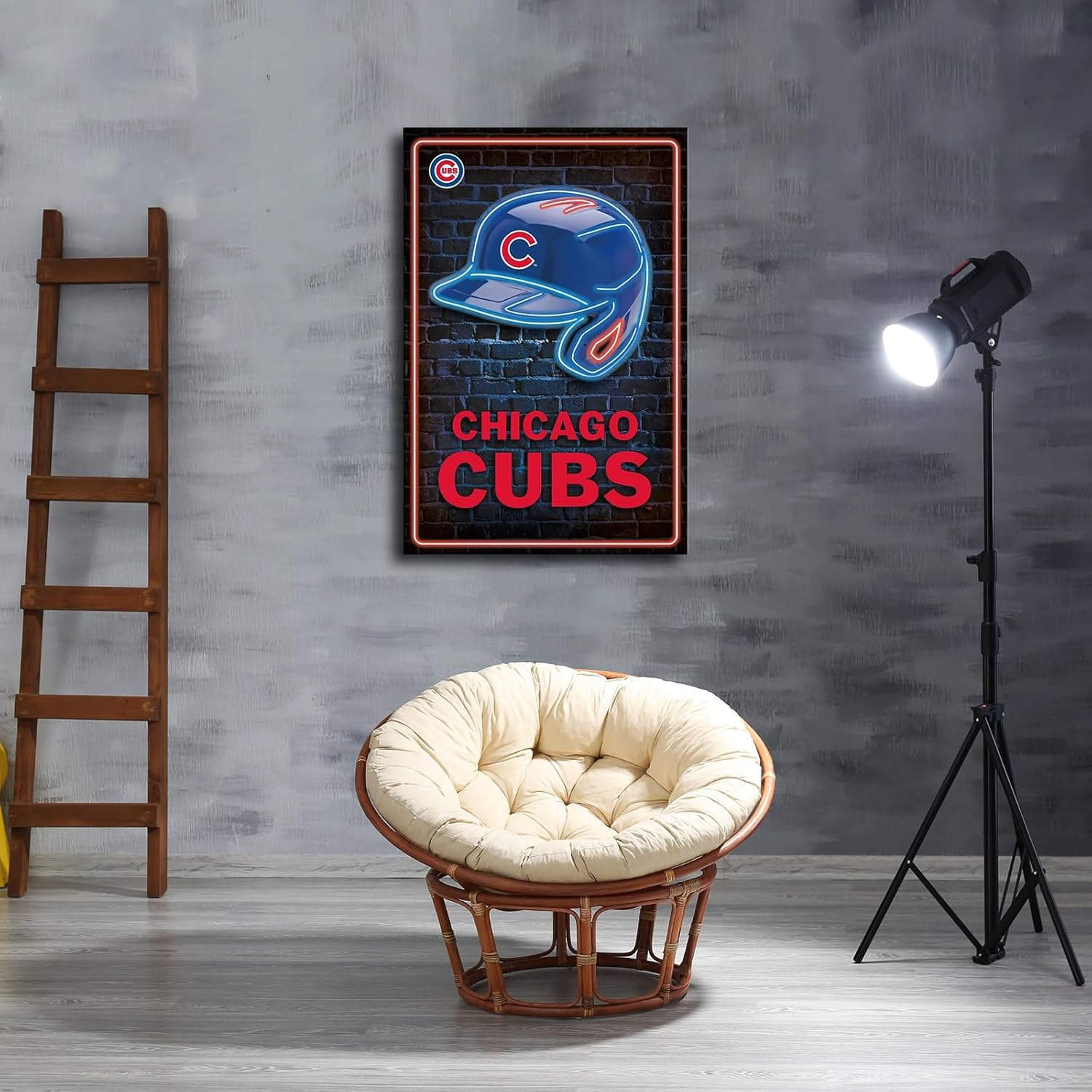 Chicago City Cubs Baseball Poster City Baseball Caps Neon Badge Canvas Mural Pattern Print Artwork Decorative Home Decor Painting (With Frame,16x24inch)