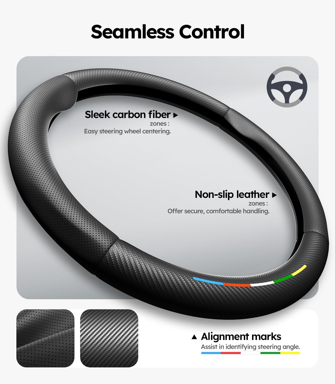 Wigoo Car Steering Wheel Cover Compatible with Ford [Ergonomic Design, Ultra Breathable] Black Leather Wheel Cover for Better Control, Car Accessory for Women and Men, 15.5''-16''