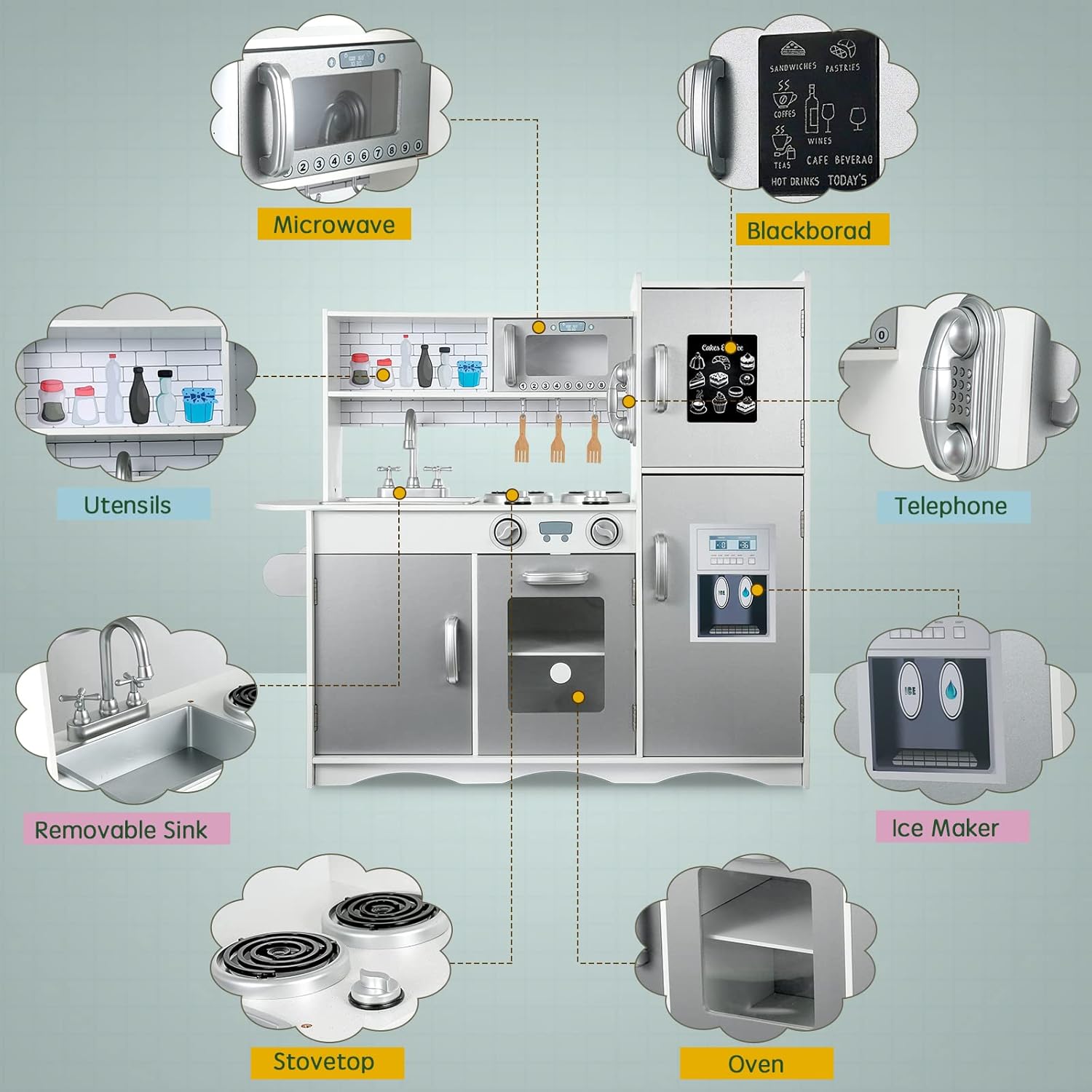 GOLDORO Kitchen Play Set for Kids Wooden Kitchen Toy Set for Toddlers with Telephone and Ice Maker Gift for Boys Girls, Ages 3+ : Toys & Games