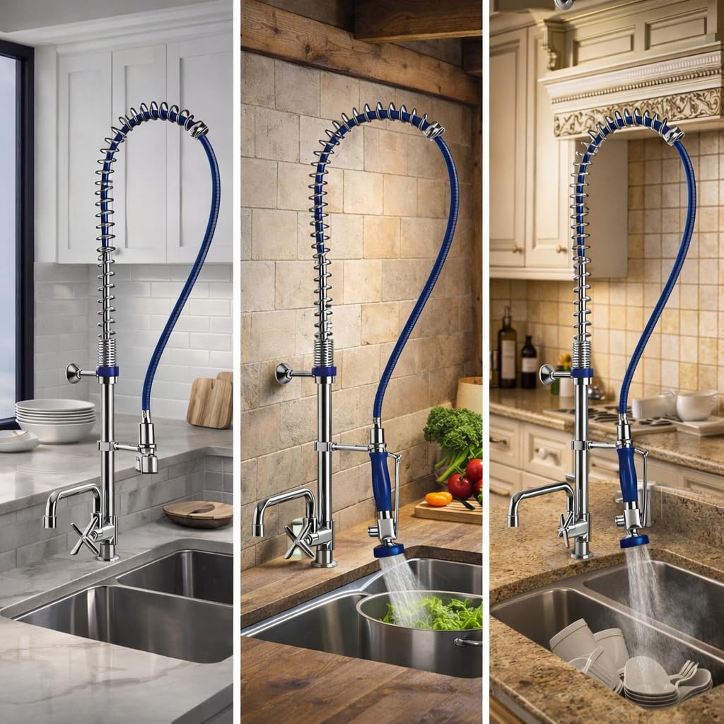 Genebre - Grifo Industrial 1704 04 | Columna de Prelavado Alta con Ducha Extraíble y Caño Giratorio | Cocina Profesional, Hostelería, Acero Inoxidable AISI 304, Montura Cerámica, Antical