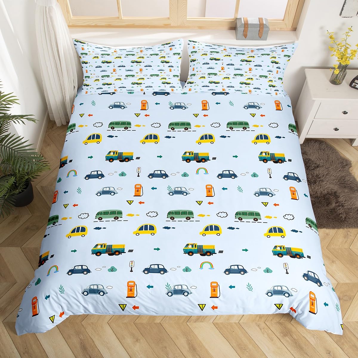 Loussiesd Car Duvet Cover King Youth Car Taxi Bus Bedding Children Train Truck Printed Bedding Boys and Girls Bedroom Bedding Decoration