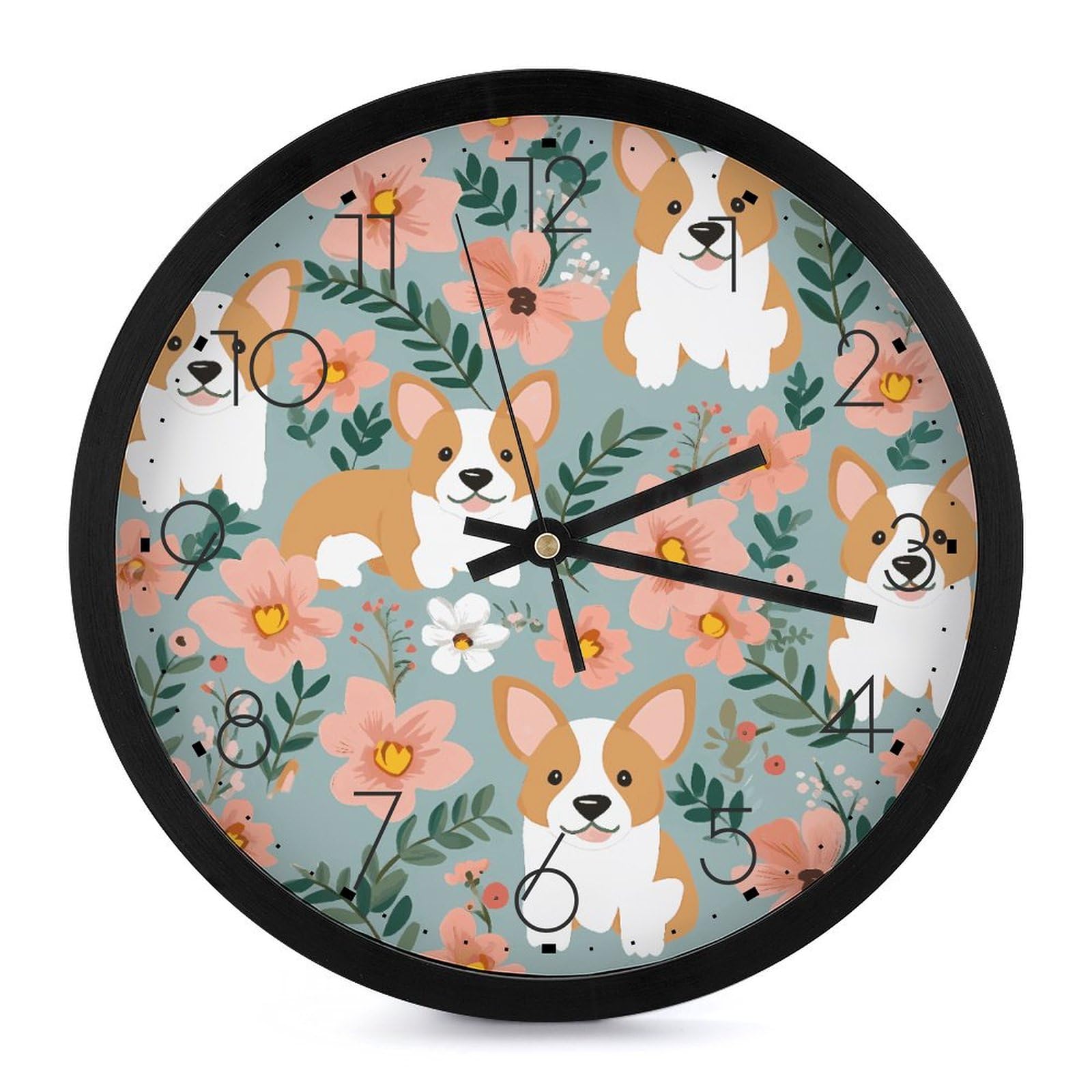 Horloge murale Corgi et fleurs pendule ronde sans tic-tac pour chambre