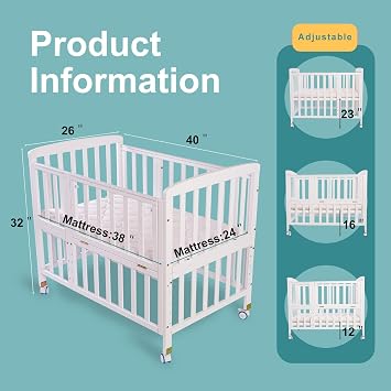 Flwrgirl Mini Baby Crib with Mattress,Portable Bedside Sleeper & Bassinet,5 Adjustable Heights,Wood Nursery Crib with Locking Wheels,Compact Baby Bed for Newborns & Infants,White