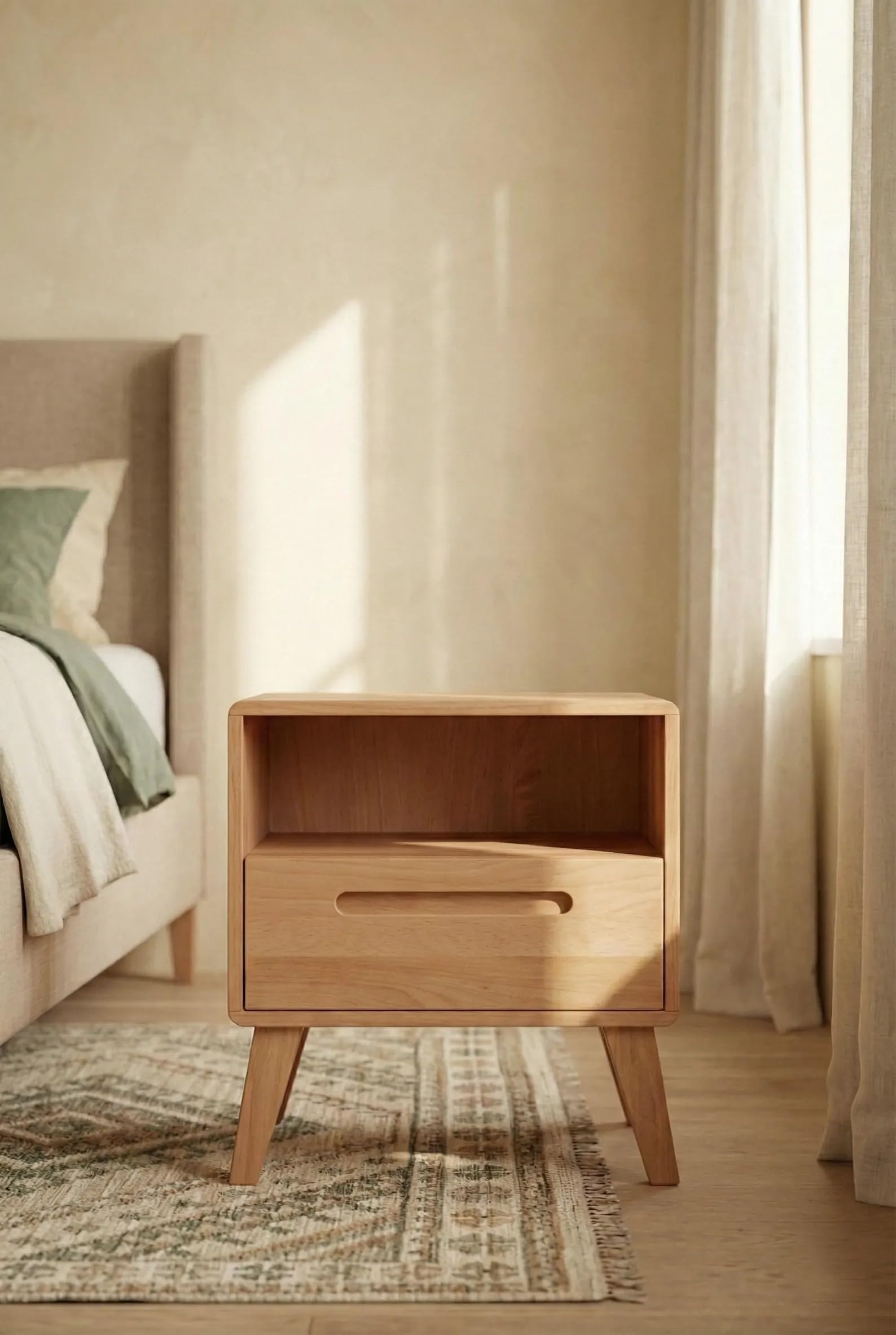 Solid Wood Bedside Table with Drawer, Wooden Night Table with Open Shelf, Minimal Bedroom Side Unit, Sofa Side Table, Home Furniture Item-image-0